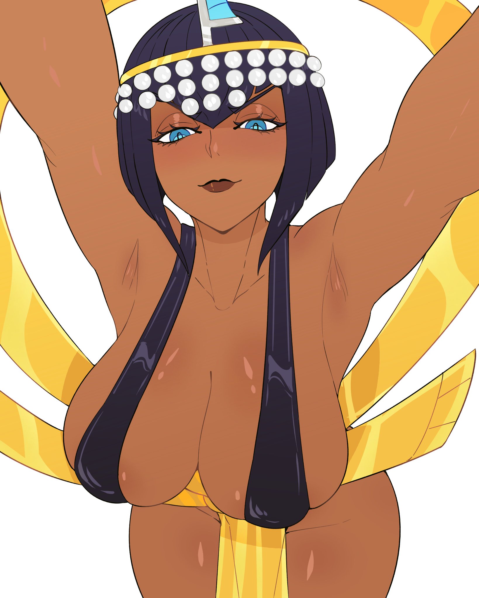 1girls, armpits, big breasts, black hair, blue eyes, blunt bangs, bob cut, breast focus, breasts, cleavage, clothing, egyptian, eliza (skullgirls), female, female only, hair, headwear, huge breasts, jewelry, kinkychanart, lips, looking at viewer, pelvic curtain, short hair, skullgirls, solo, solo female, thighs
