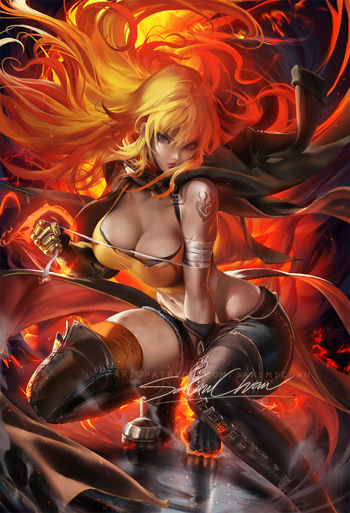 1girls, big breasts, breasts, cleavage, female, female only, large breasts, looking at viewer, rwby, sakimichan, solo, thighhighs, yang xiao long