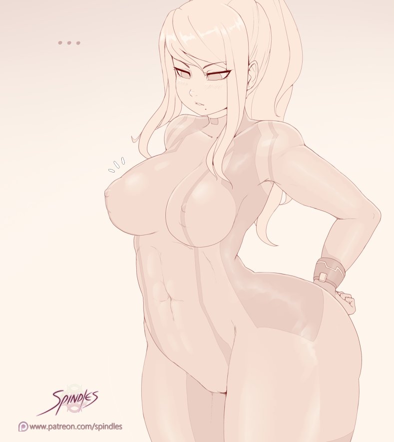 abs, bodysuit, breasts, cleavage, erect nipples, female, female only, hand on hip, metroid, mole under mouth, monochrome, navel, nintendo, nipples, samus aran, sidelocks, solo, spindles, thick thighs, zero suit, zero suit samus
