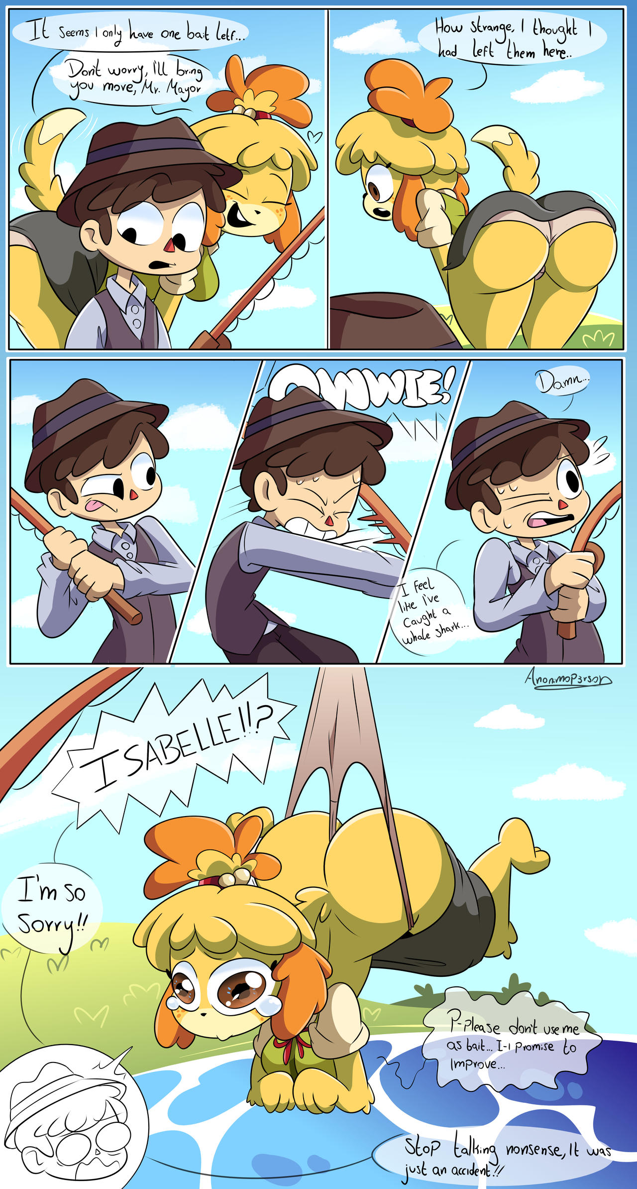 1boy, 1girls, 2025, accidental wedgie, animal crossing, anonimop3rson, anthro, ass, bent over, big ass, brown eyes, canid, canine, canis, closed eyes, domestic dog, english text, female, freckles, freckles on face, furry, hanging wedgie, isabelle (animal crossing), male, panties, panty pull, pencil skirt, puppy eyes, skirt, skirt down, tagme, tears, text, villager (animal crossing), watermark, wedgie, white panties, wholesome, yellow fur