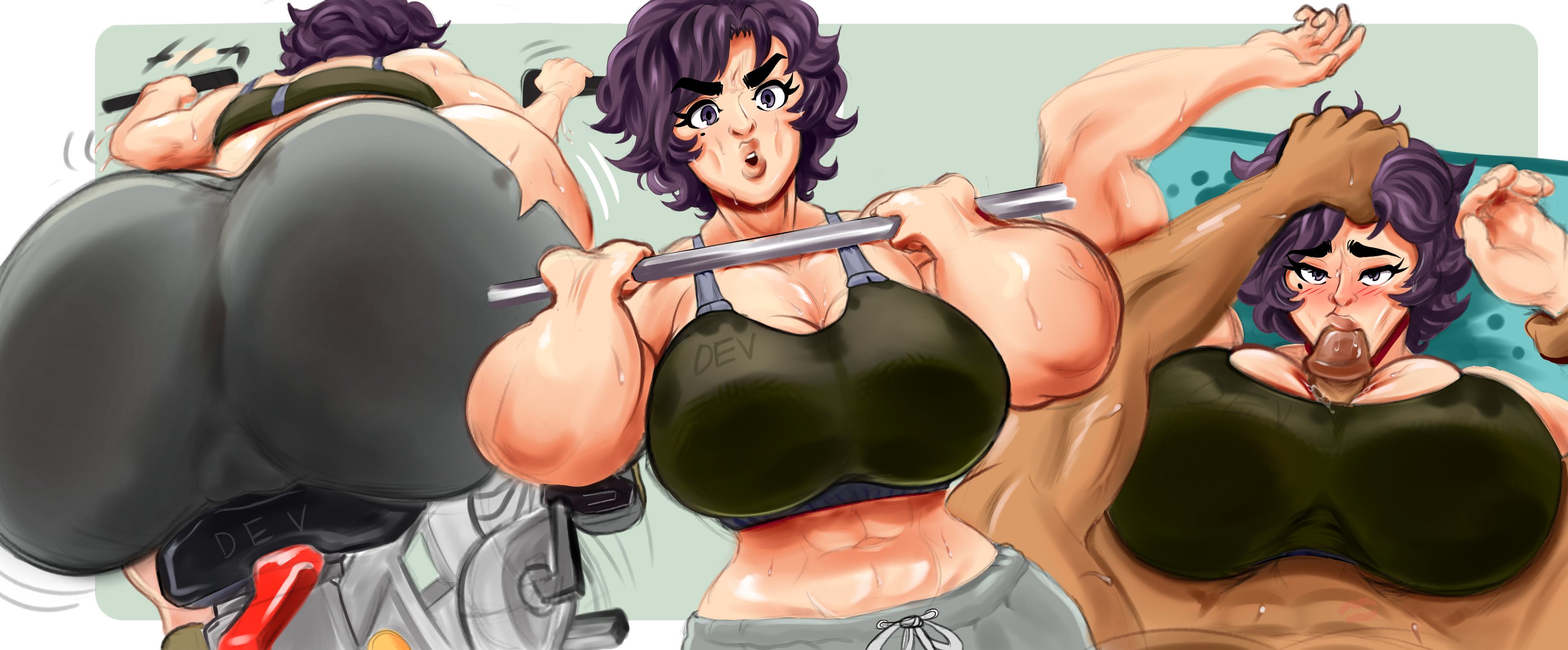 big ass, big breasts, big lips, bike, blush, bottom heavy, breasts, devais, female, front squat, jane (snow daze), male, maledom, muscular, muscular female, muscular male, oral, pinned, purple eyes, purple hair, restrained, self insert, short hair, shorts, snow daze, sports bra, squat, submissive, sweat, sweaty ass, sweaty breasts, thick ass, thick thighs, tomboy, workout, workout clothes