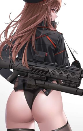 2d artwork, artist request, artist signature, ass, blush, commander (nikke), cute, exposed ass, fanart, firearm, goddess of victory: nikke, gun, leotard, looking back, plump ass, rapi (nikke), secretly loves it, shift up