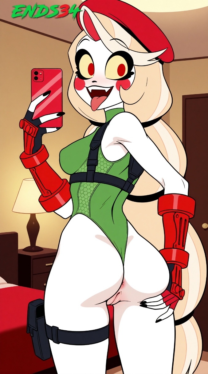 1girls, 2020s, 2025, accurate art style, ai generated, anus, ass, beret, big ass, blonde hair, cammy white (cosplay), charlie morningstar (hazbin hotel), cosplay, deviantart link, ends34, female, female protagonist, green leotard, hazbin hotel, highleg, highleg leotard, holding object, holding phone, leotard, nipple bulge, pale skin, phone, pussy, selfie, shaved pussy, sleeveless, sleeveless leotard, solo, street fighter, tongue out, white skin, white-skinned female