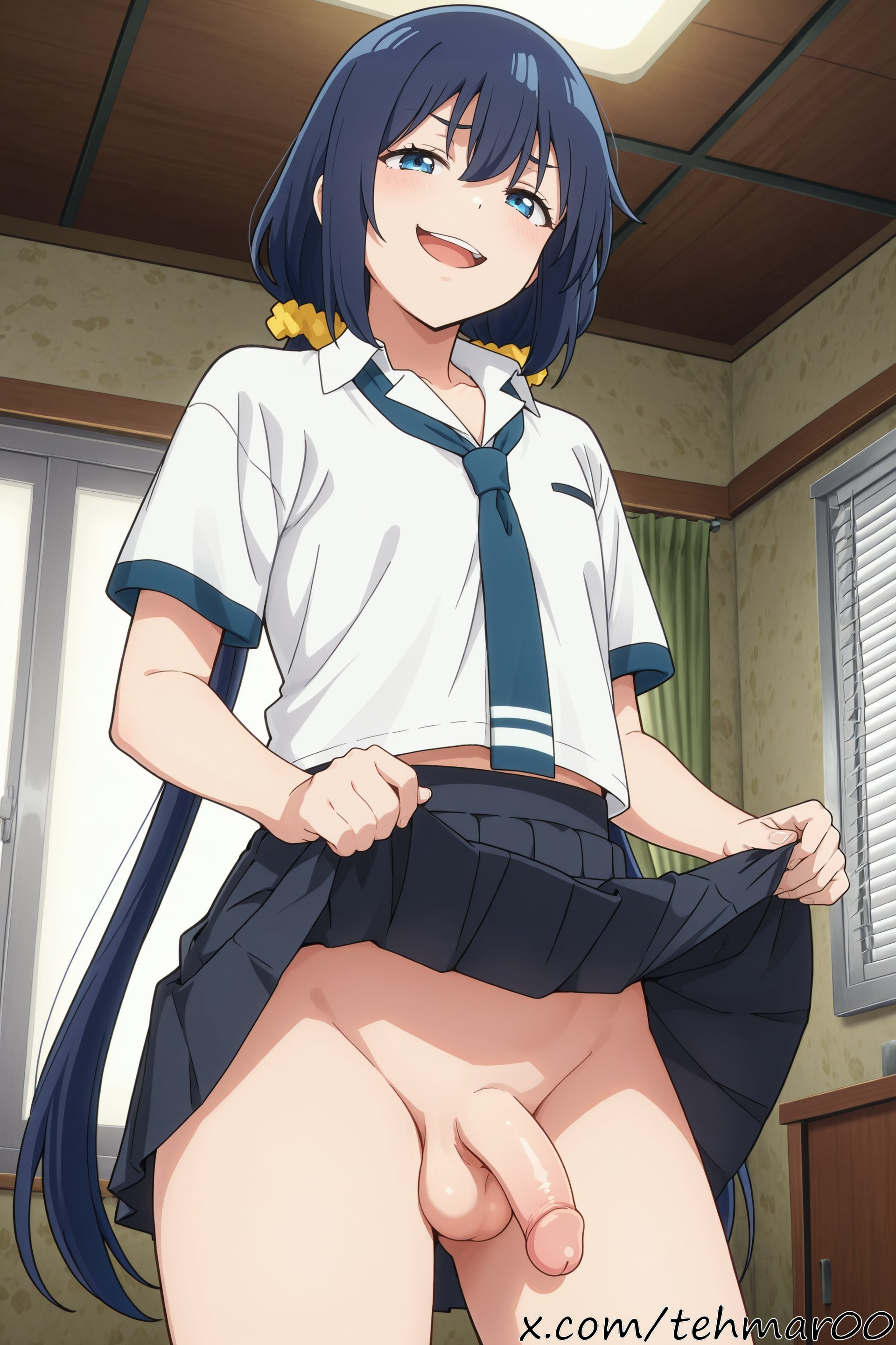 :d, 1boy, ai generated, balls, bangs, black skirt, blue eyes, blue hair, clothes lift, curtains, detectives these days are crazy, erection, femboy, from below, genderswap (ftm), hair ornament, hair scrunchie, indoors, lifted by self, long hair, looking at viewer, low twintails, male, male only, mattaku saikin no tantei to kitara, nakanishi mashiro, necktie, no panties, open mouth, penis, pleated skirt, rule 63, school uniform, scrunchie, shirt, short sleeves, skirt, skirt lift, smile, solo, tagme, tehmar, testicles, trans woman, transfem, trap, twintails, very long hair, white shirt, window