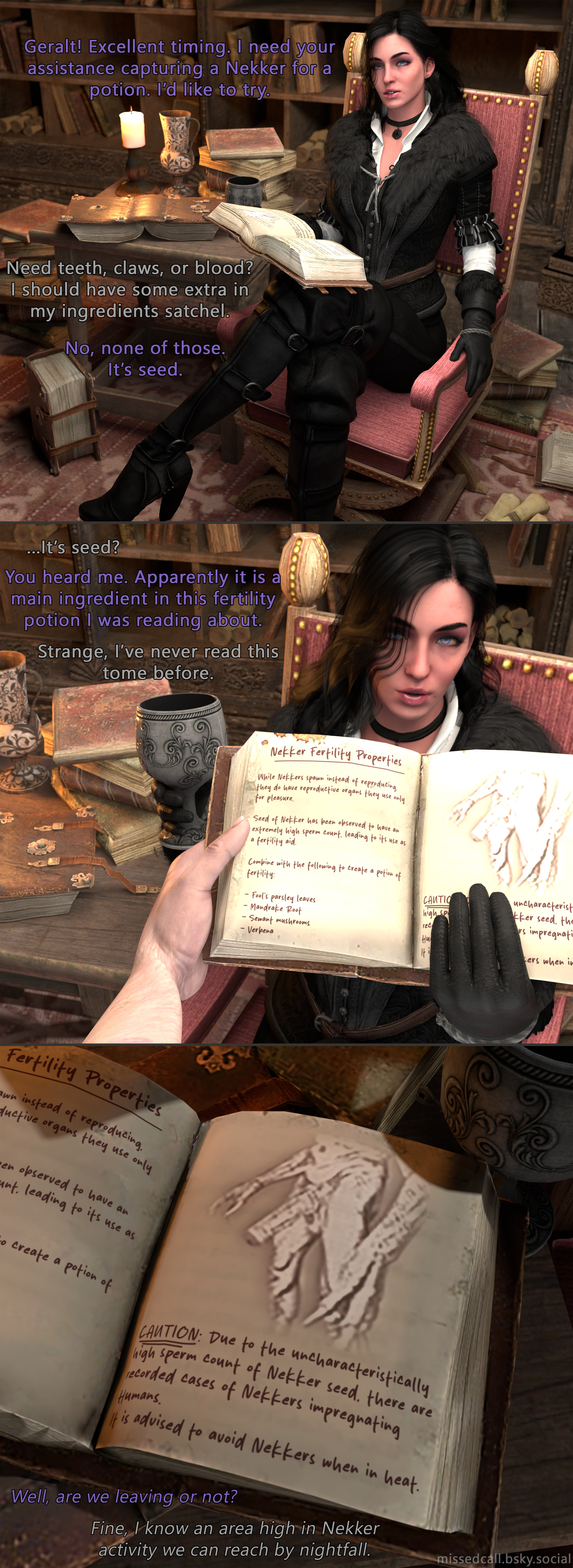 3d, black hair, book, cd projekt red, clothing, comic, comic page, consensual, deceit, deception, english text, female, geralt of rivia, high heel boots, light-skinned female, light-skinned male, looking at viewer, male, mascara, missed call, missedcall, monster, necklace, nekker, purple eyes, text, the witcher (series), the witcher 3: wild hunt, yennefer