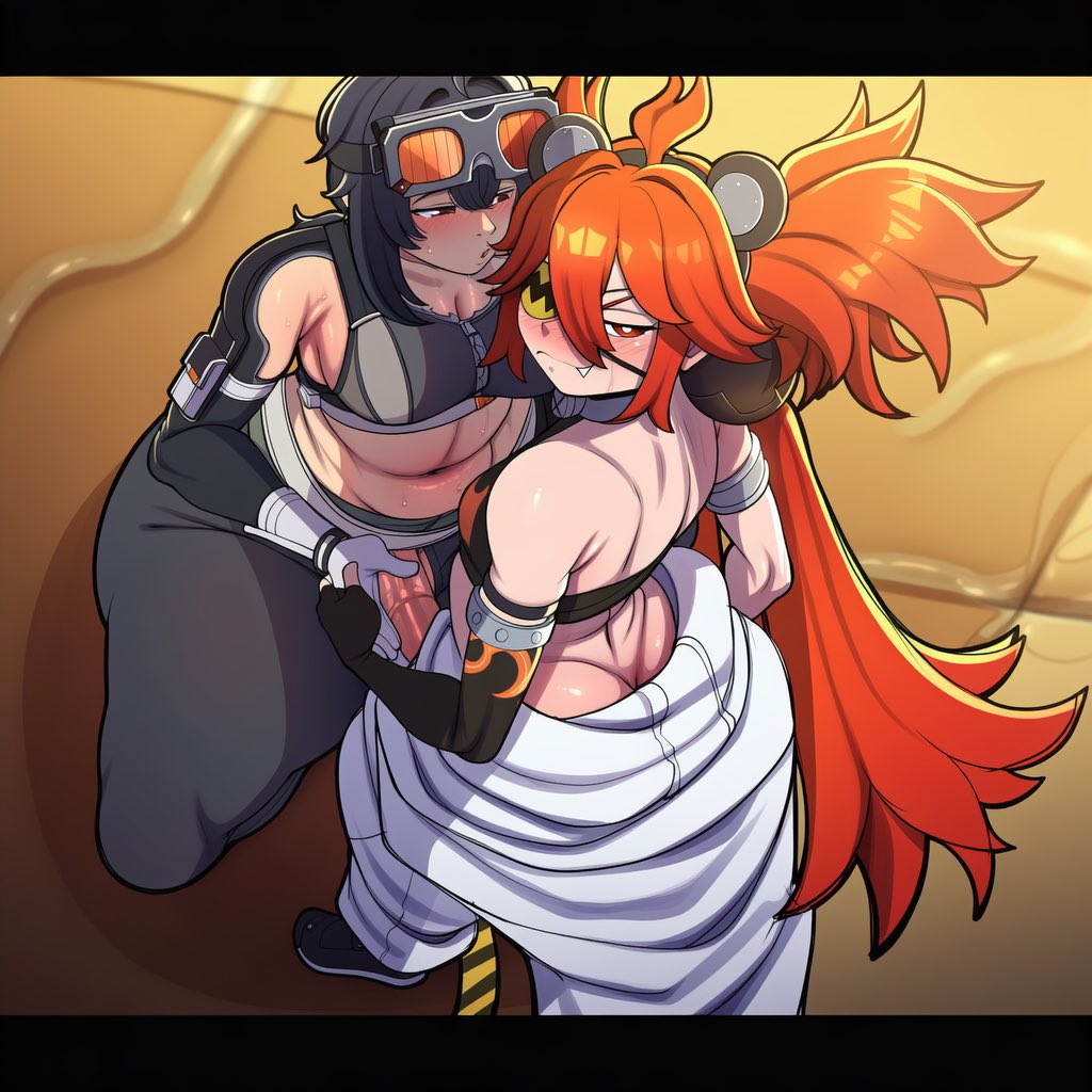 1futa, 1girls, adoptive incest, adoptive siblings, adoptive sister, adoptive sisters, ai generated, ass, ass peek, ass visible from the front, big ass, big breasts, big penis, big thighs, black hair, blush, breasts, choker, cleavage, coat around waist, crop top, deku nerd, detached sleeves, embarassed futa, embarrassed, exposed shoulders, eyepatch, female, fully clothed, futa on female, futa/female, futanari, gloves, goggles, goggles on head, grace howard, hair accessory, hair ornament, handjob, hoyoverse, huge ass, huge thighs, incest, intersex, intersex/female, koleda belobog, looking at partner, looking away, midriff, nervous smile, oh face, on knees, open mouth, orange eyes, penis, penis out, ponytail, red eyes, red hair, sex, sideboob, size difference, small breasts, smaller futa, standing sex, sweat, sweatdrop, sweating, thick thighs, thighs, twintails, zenless zone zero