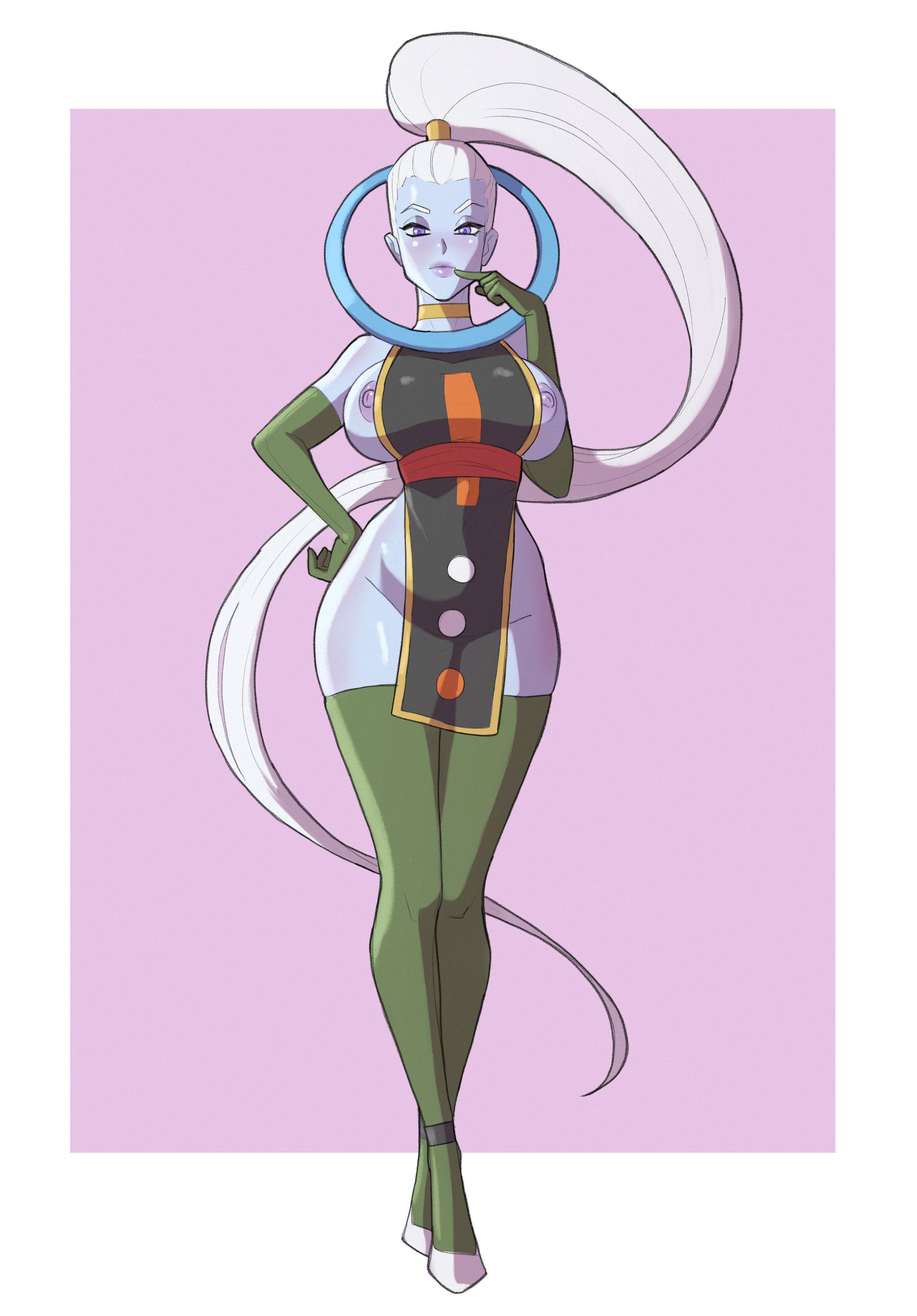1girls, big breasts, blue skin, breasts, dragon ball, dragon ball super, dragon ball z, female, female only, king0fghouls, nipples, ponytail, solo, thighhighs, vados, white hair