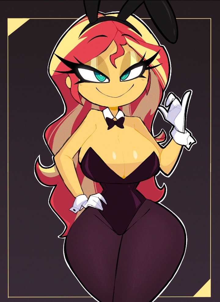 2025, 2d, 2d (artwork), 2d artwork, big thighs, black clothing, breasts, bunny ears, bunny girl, bunnysuit, cleavage, equestria girls, fake animal ears, fake rabbit ears, fanart from twitter, female, female protagonist, friendship is magic, full body, gesture, gloves, green eyes, hand on hip, hasbro, hourglass figure, huge breasts, hyper hourglass, leotard, long hair, looking at viewer, my little pony, naughty face, necktie, nelljoestar, no ai, playboy, playboy bunny, playboy bunny costume, playboy bunny leotard, playboy outfit, red and yellow hair, red hair, smile, solo, standing, strapless, strapless leotard, sunset shimmer, thick thighs, twitter link, two-tone hair, western cartoon, white gloves, yellow skin, yellow-skinned female