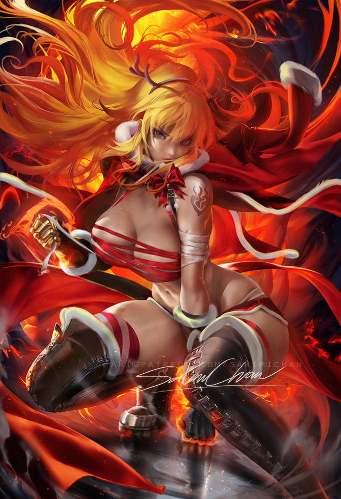 1girls, big breasts, breasts, cleavage, female, female only, large breasts, looking at viewer, rwby, sakimichan, solo, thighhighs, yang xiao long
