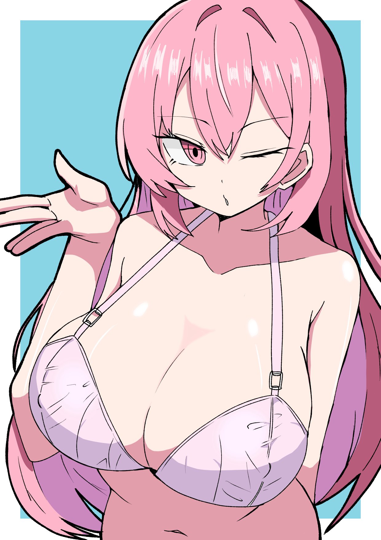 ;o, aqua background, bra, breasts, cleavage, collarbone, eduson02, female, hololive, hololive english, hololive myth, huge breasts, long hair, mori calliope, navel, one eye closed, pink bra, pink hair, red eyes, underwear, upper body, virtual youtuber