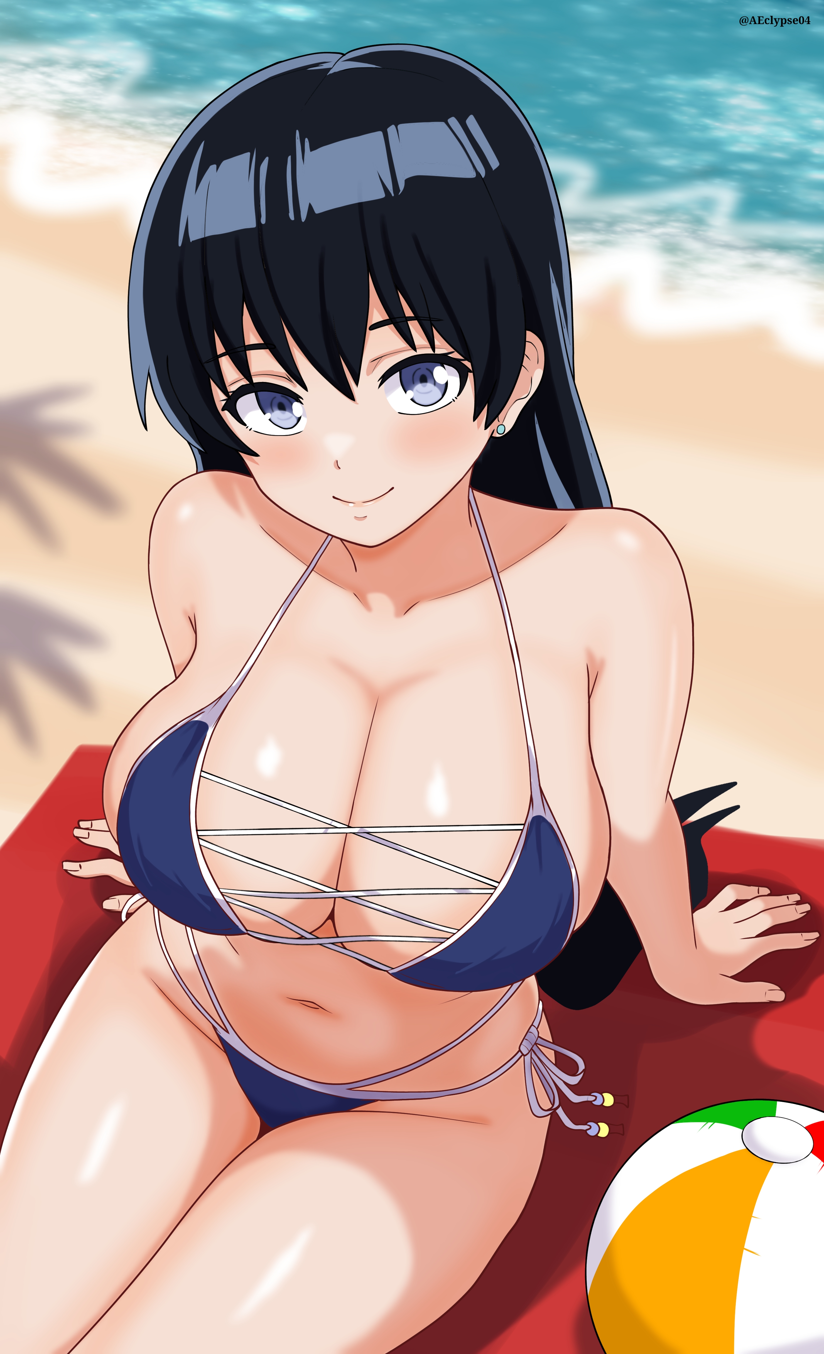 1girls, arato nagi, beach, beach ball, beach towel, big breasts, bikini, bikini bottom, bikini top, black hair, blue bikini, blue eyes, blush, bottomwear, breasts, cleavage, ear piercing, earrings, eclypse, female, female only, hair, huge breasts, long hair, looking at viewer, ruri no houseki, smile, solo, solo female, swimwear, thick thighs, thighs, topwear, wide hips