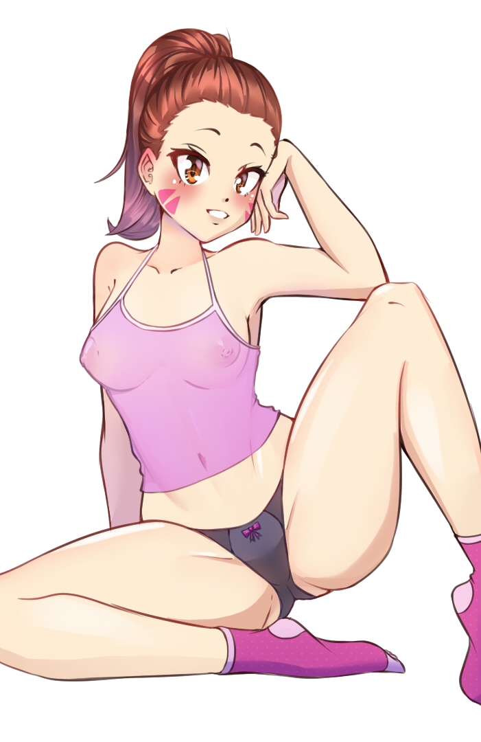 1girls, black panties, blackedd9, breasts, camisole, d.va, female, female only, nipples, nipples visible through clothing, overwatch, panties, see-through, small breasts, solo