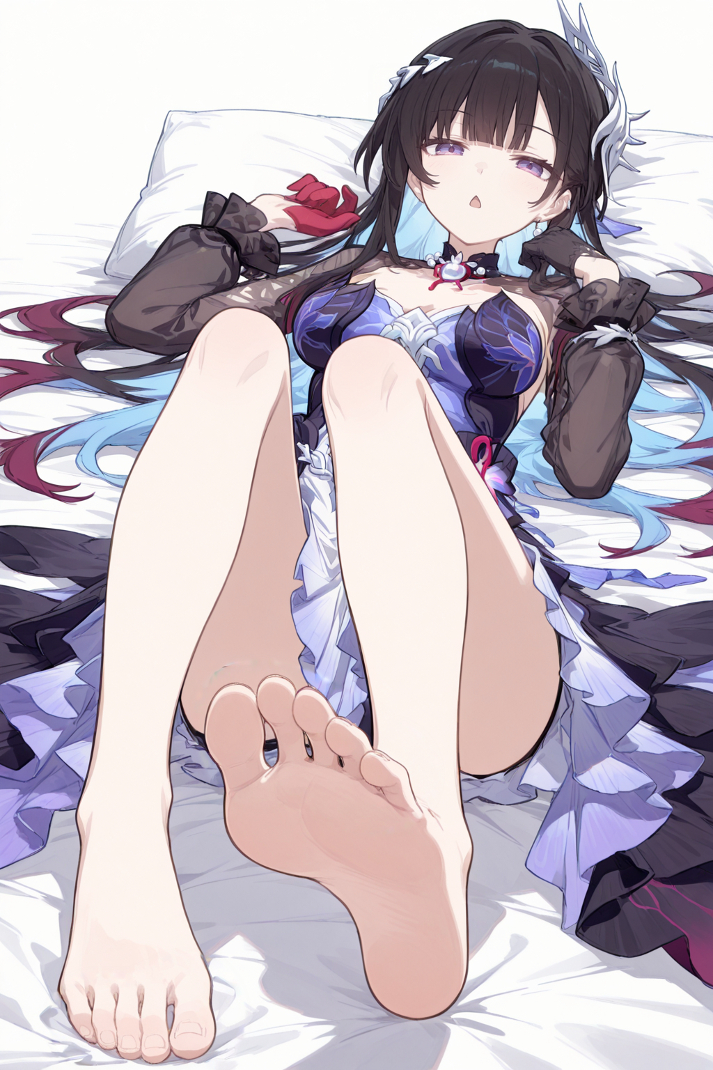 1girls, bed, black hair, feet, female, honkai: star rail, hoyoverse, hysilens (honkai: star rail), long hair, lying on back, lying on bed, mihoyo, purple eyes