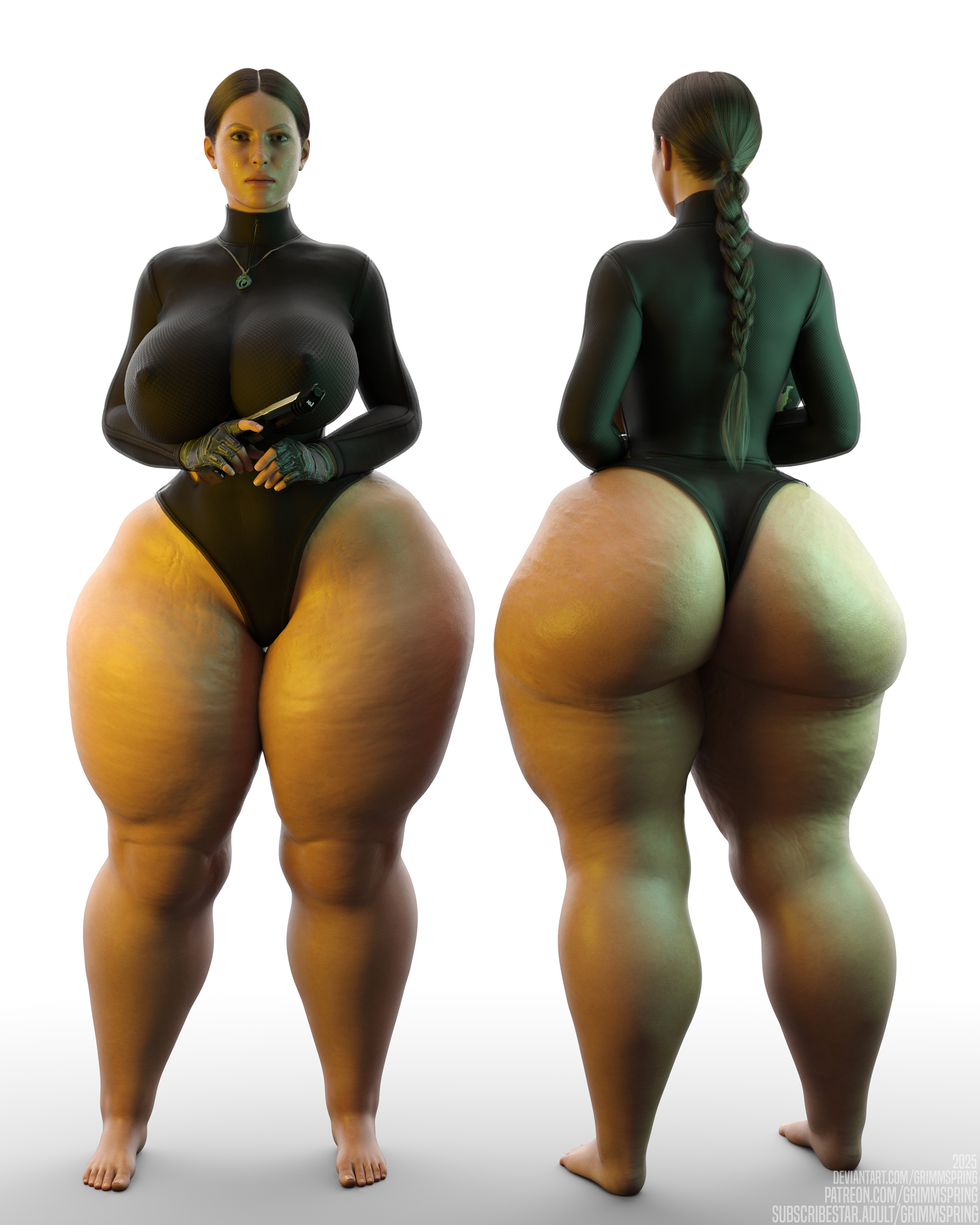 1girls, 3d, ass, back view, big ass, big breasts, black clothing, bottom heavy, braid, braided hair, braided ponytail, breasts, brown hair, call of duty, cellulite, fat ass, fat thighs, female, female only, front view, grimmspring, gun, huge ass, huge breasts, human, lara croft, lara croft (cod), leotard, necklace, nipple bulge, nipples, nipples visible through clothing, ponytail, solo, standing, stretch marks, thick ass, thick thighs, tomb raider, translucent clothing, voluptuous, voluptuous female, wide hips