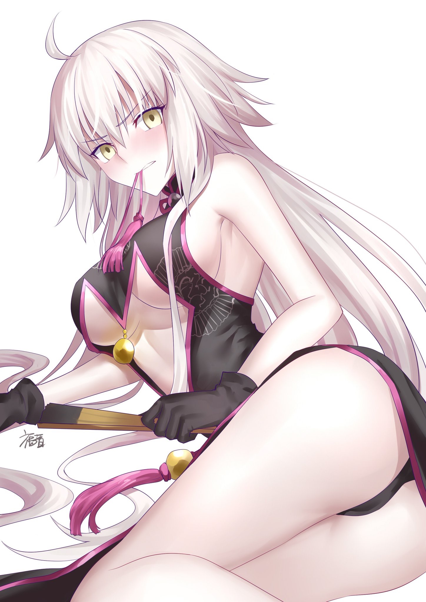 1girls, blush, clothed, fate (series), fate/grand order, female, female only, jeanne alter, jeanne d'arc (fate), looking at viewer, lying, pale skin, tagme, white hair, yellow eyes