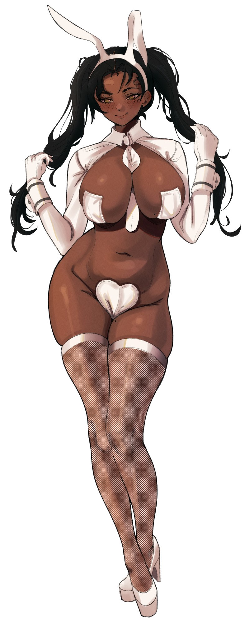 1girls, aaaoro, artist request, beauty mark, big breasts, black hair, blushing, blushing at viewer, breasts, bunny ears, bunny girl, bunnysuit, dark skin, dark-skinned female, female, female only, fishnets, green hair, heels, high heels, legs crossed, looking at viewer, mole on breast, mole on thigh, mole under eye, original, original character, smiling, smiling at viewer, solo, solo female, thick, thick thighs, thigh highs, thighhighs, thighs, twintails