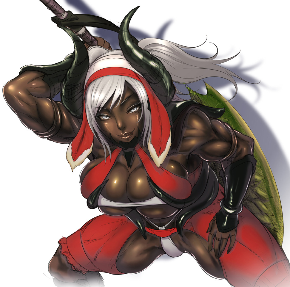 1girls, bare shoulders, big breasts, blush, bracer, breasts, brown lipstick, busty, chinbotsu, cleavage, curvy, dark skin, dark-skinned female, female, female only, front view, garter, garter straps, holding object, horns, hourglass figure, humanoid, lipstick, looking at viewer, monster hunter, muscles, muscular, muscular female, original character, pose, posing, shadow, shiny, shiny skin, simple background, solo, spread legs, spreading, standing, thick thighs, thong, tied, underboob, voluptuous, white background, white eyes, white hair, wide hips
