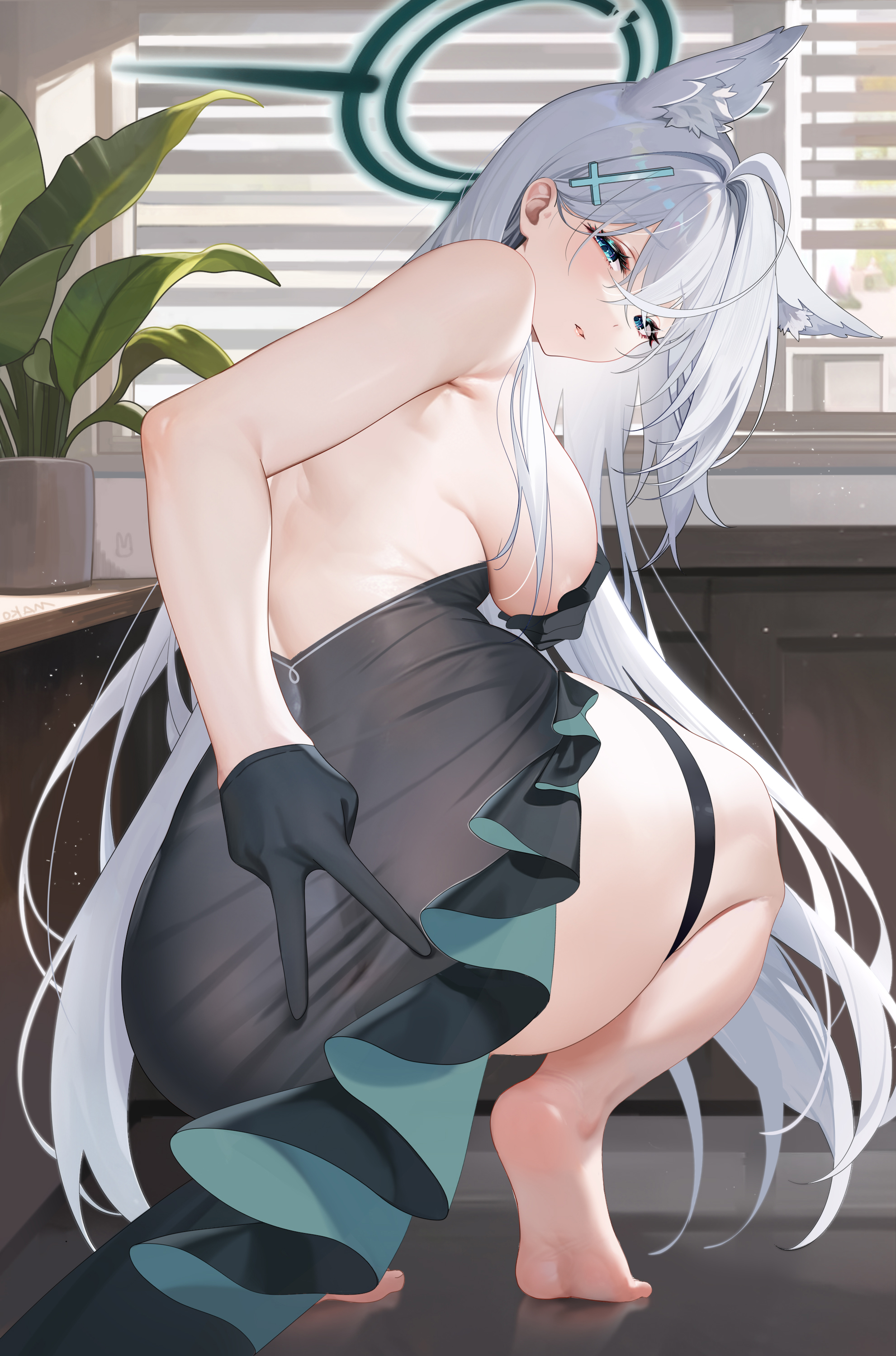 absurdres, ahoge, animal ear fluff, animal ears, ass, barefoot, black gloves, blue archive, blue eyes, breasts, covering breasts, covering privates, cross hair ornament, female, from behind, gloves, grey hair, hair ornament, halo, highres, large breasts, long hair, looking back, mako (makoda), parted lips, plant, shiroko terror (blue archive), soles, solo, squatting, thigh strap, v, very long hair, window blinds, wolf ears