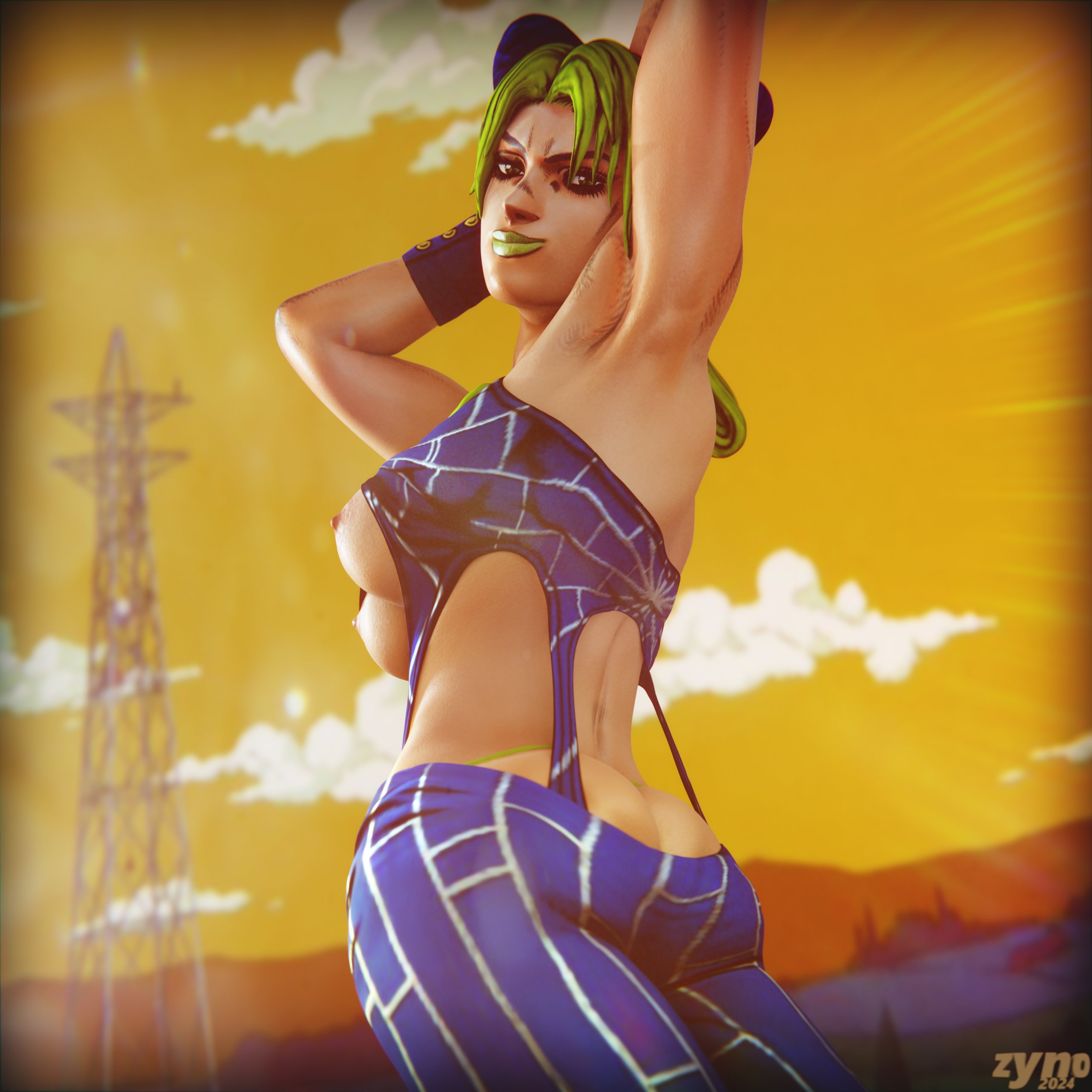 1girls, 3d, alternate version at source, ass, ass cleavage, ass crack, big ass, big breasts, boobs and butt pose, breasts, butt crack, female, female only, jojo's bizarre adventure, jolyne kujo, nipples, solo, stone ocean, zynotheum