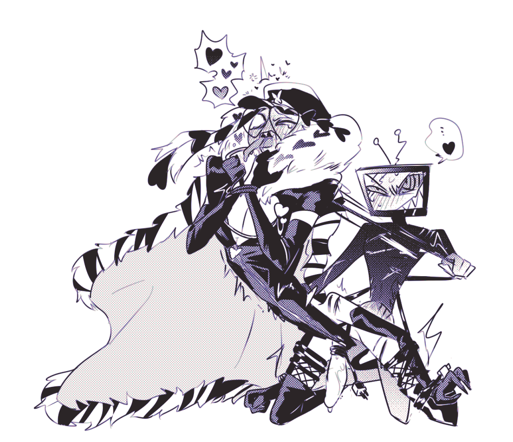 4 arms, anal, anal sex, anthro, blush, bondage, choking, claws, dark skin, demon, doggy style, fishnets, hazbin hotel, hellaverse, latex, sharp teeth, smile, tentacle, tongue out, valentino (hazbin hotel), vox (hazbin hotel), wire