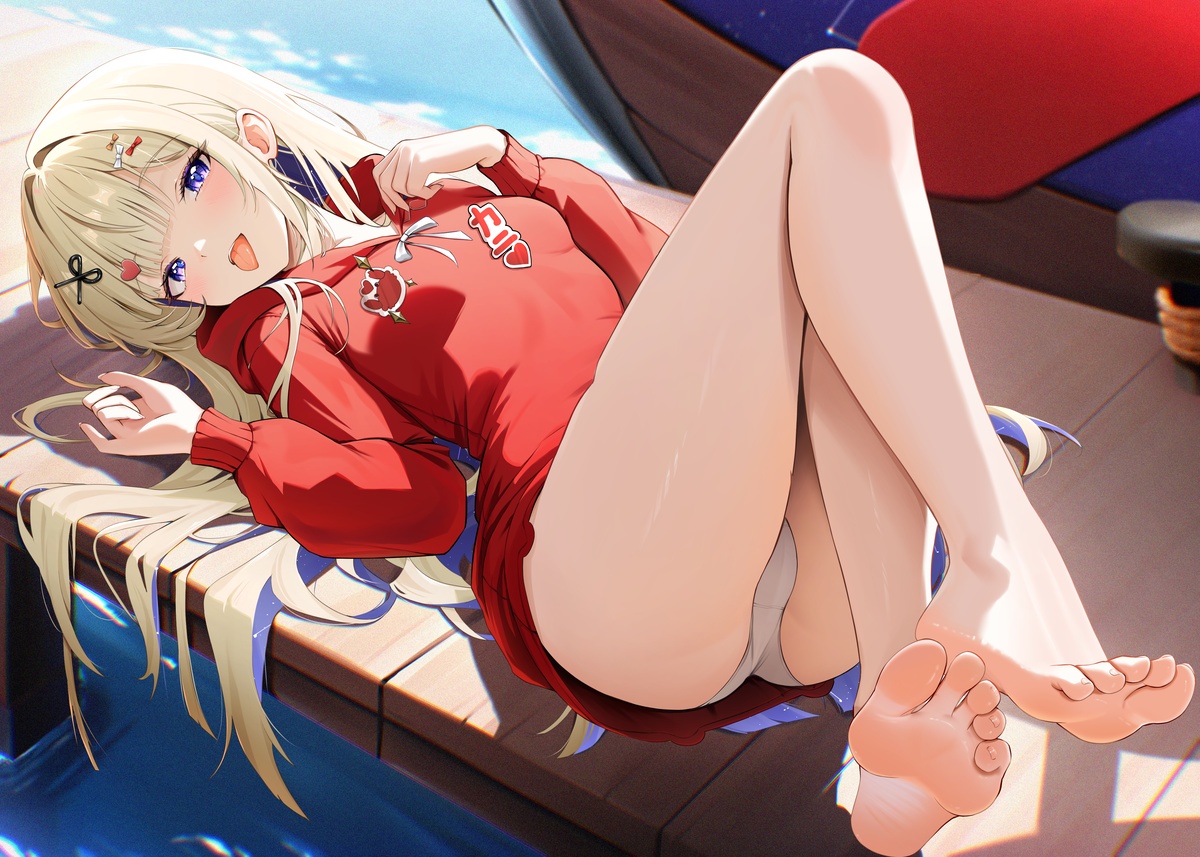 amanogawa shiina, amanogawa shiina (crab), bare legs, barefoot, bench, blonde hair, blue eyes, blush, boat, bow, breasts, colored inner hair, commentary request, feet, female, hair ornament, hairbow, heart, heart hair ornament, hood, hoodie, knees up, legs, long hair, long sleeves, looking at viewer, lying, multicolored hair, ocean, on back, open mouth, outdoors, panties, phase connect, purple eyes, purple hair, radoremo, red eyes, red hoodie, scissors hair ornament, sidelocks, small breasts, smile, soles, solo, thighs, toenails, toes, toes up, tongue, tongue out, underwear, very long hair, virtual youtuber, watercraft, white panties