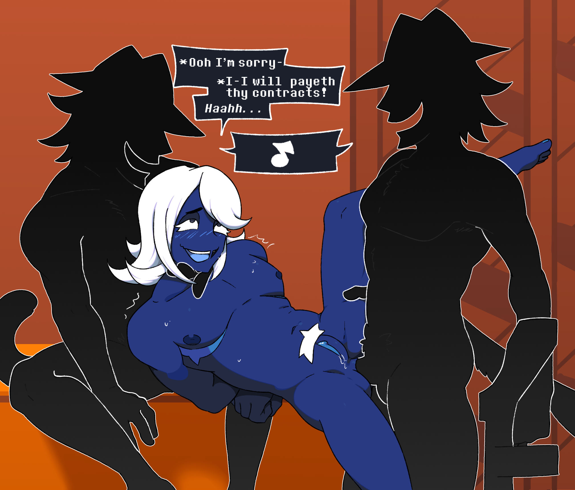 3boys, anal, anal sex, catboy, deltarune, gun, lizardotaku, male only, restrained, rouxls kaard, shadowguy (deltarune), text, top surgery scars, trans man, transmasc, yaoi