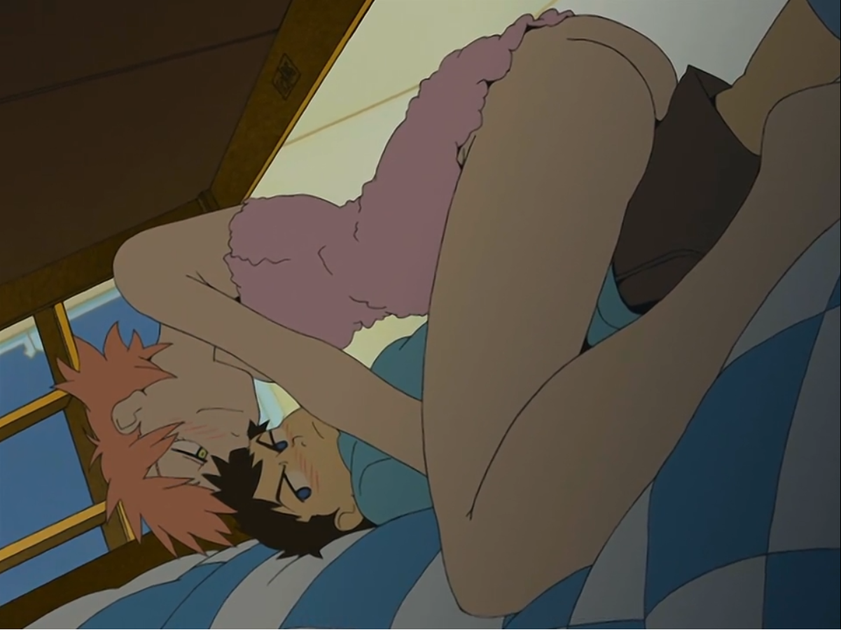 after bath, ass, ass crack, bottomless, butt crack, female, female on top, flcl, haruko haruhara, male, naked towel, naota nandaba, no panties, screencap, towel