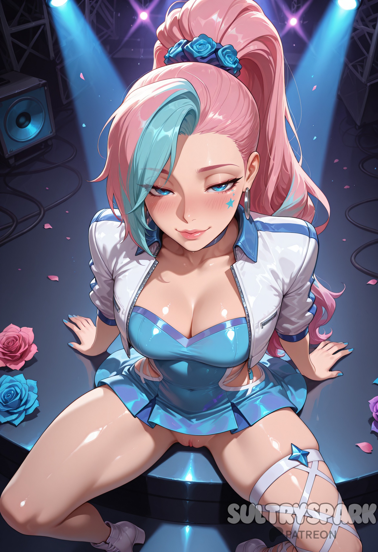 ai generated, artist name, blue eyes, blue flower, blue hair, blue nails, blue rose, blush, breasts, cleavage, cropped jacket, dress, earrings, female, flower, futarush, hair ornament, hair scrunchie, jacket, jewelry, k/da series, large breasts, league of legends, long hair, looking at viewer, multicolored hair, no panties, open jacket, patreon, patreon username, pink flower, pink hair, pink rose, ponytail, pussy, riot games, rose, seraphine (league of legends), seraphine rising star, sitting, smile, solo, streaked hair, sultryspark, two-tone hair, uncensored