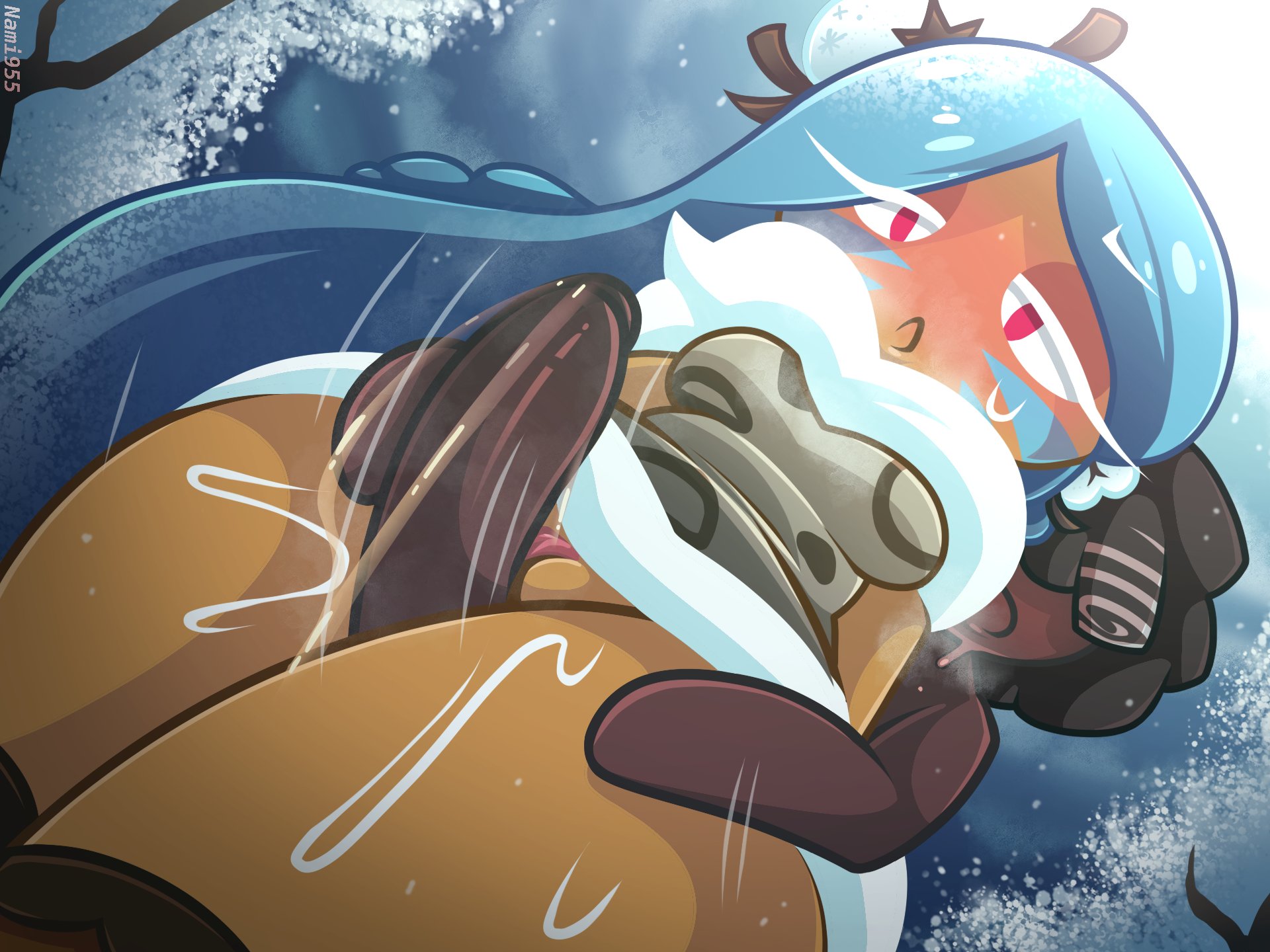 1boy1girl, 1male1female, arms at sides, artist name, blue hair, blue hair female, blush, blushing female, boots, coat, cookie run, cookie run kingdom, covered eyes, curly hair, curly hair male, dark skin, dark skinned male, face paint, feet out of frame, female focus, forest background, grinding, hair covering eyes, holding thighs, leopard print, long hair, long hair female, looking down, male behind female, nami955, oc x canon, open mouth, original character, red pupils, rubbing pussy, short hair, short hair male, sweating, sweating female, thick thighs, thigh fuck, thigh sex, thighfuck, thighjob, tiger lily cookie, trees, visible breath, watermark, wet pussy, white eyebrows, white eyes, white eyes female, winter, winter background, winter clothes, winter coat
