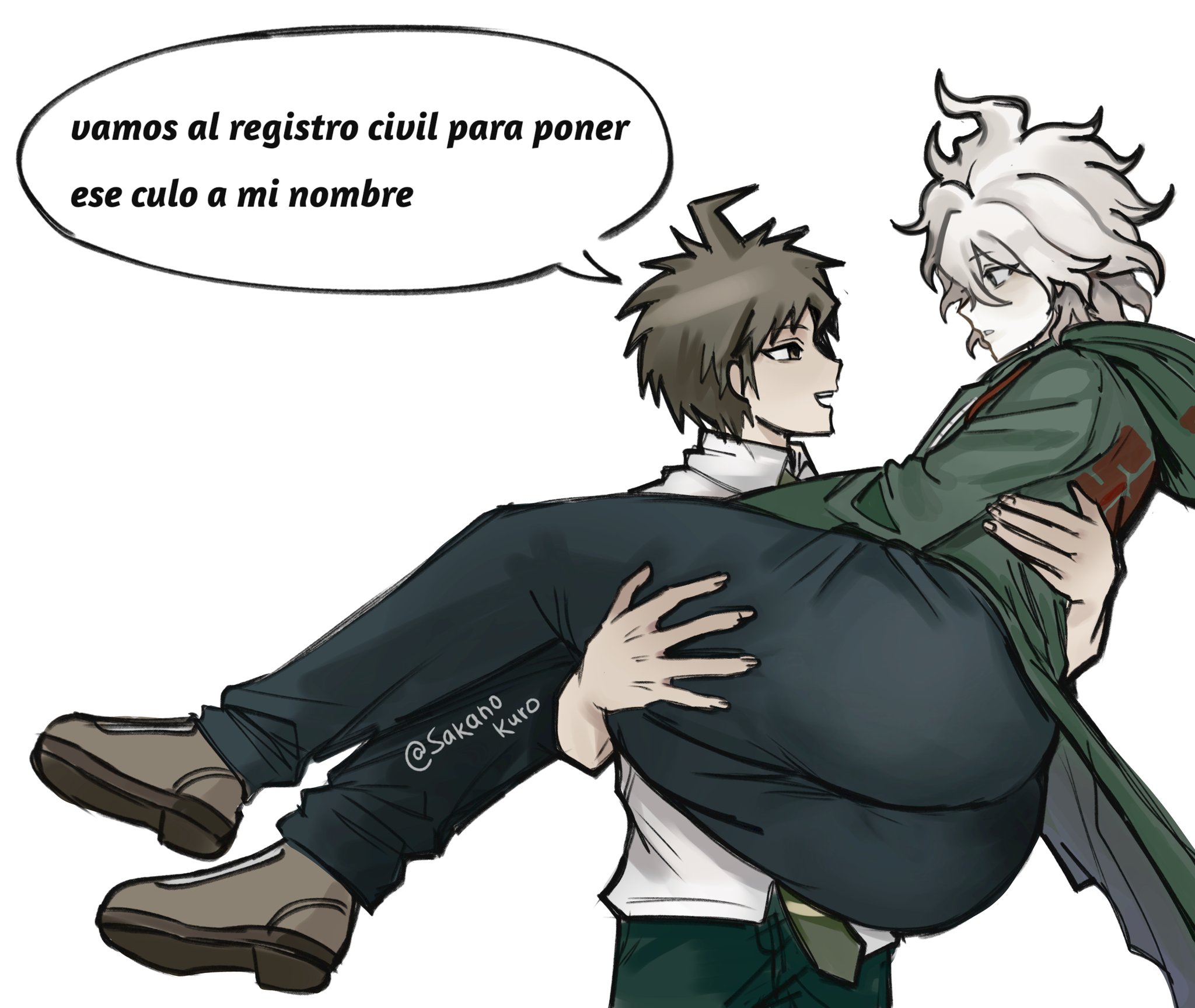 2boys, big ass, brown hair, danganronpa, danganronpa (series), danganronpa 2: goodbye despair, fat ass, femboy, hinata hajime, huge ass, kurosakano, nagito komaeda, white hair, yaoi
