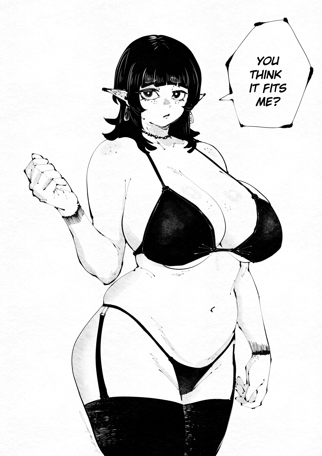 arched bangs, body freckles, bra, breast freckles, breasts, choker, closed mouth, cowboy shot, earrings, elf, english text, female, freckles, garter straps, greyscale, hand up, highres, huge breasts, jewelry, looking at viewer, miregeist, monochrome, navel, original, panties, plump, pointy ears, short hair, shoulder freckles, simple background, solo, speech bubble, stomach, talking, teardrop earrings, thighhighs, underwear, underwear only, white background
