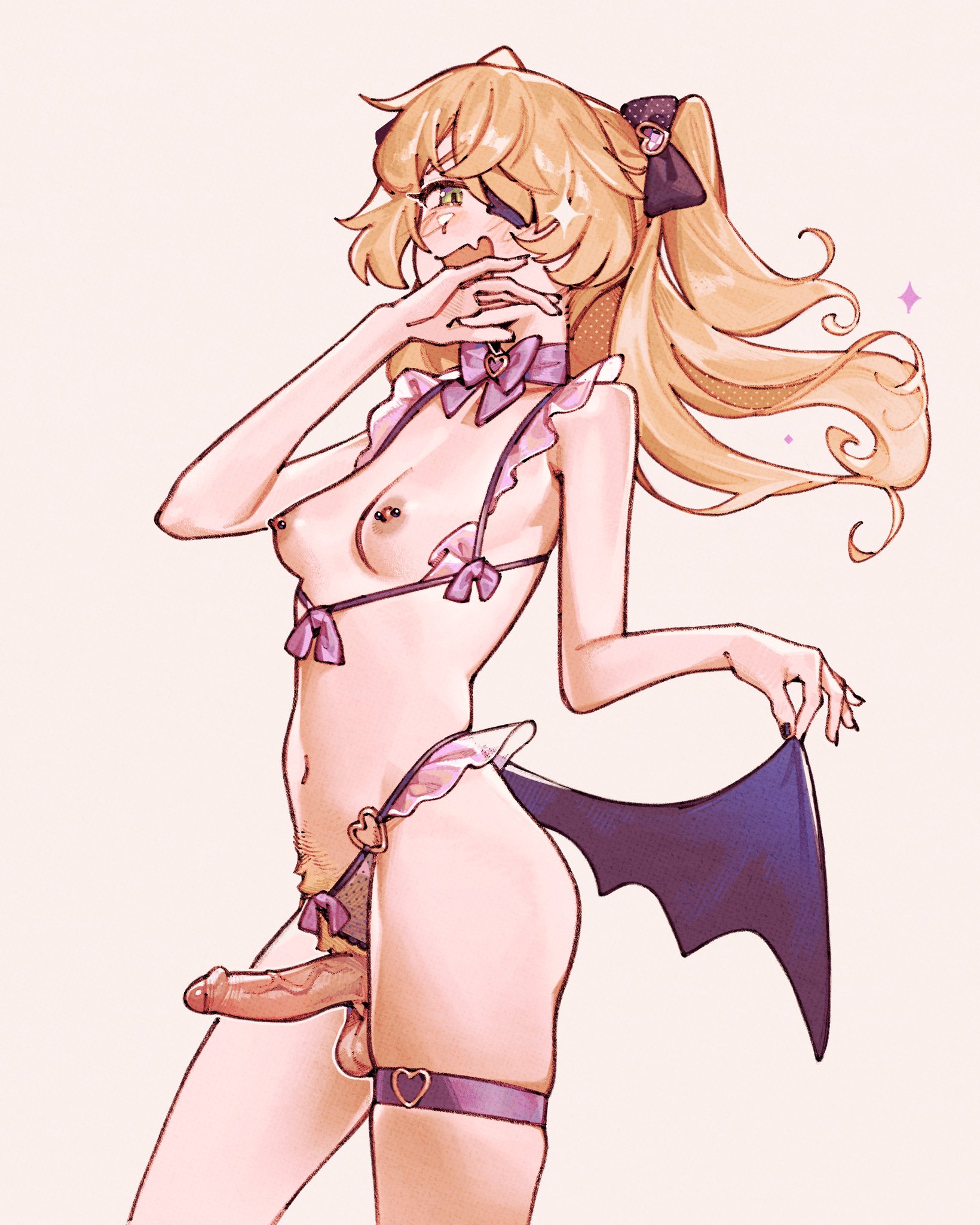 1futa, areola, balls, bare shoulders, breasts, clothing, cyanceebee, erection, fischl (genshin impact), futa only, futanari, genshin impact, light skin, light-skinned futa, nipple piercing, nipples, nude, partially clothed, penis, pubic hair, small breasts, solo, swimsuit