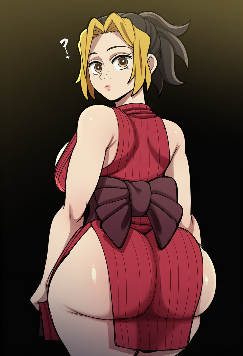1girls, ai, ai generated, ass focus, ass hanging out, back view, behind view, big ass, big butt, bubble ass, bubble butt, demon slayer, female, kimetsu no yaiba, looking at viewer, makio (kimetsu no yaiba), novelai, solo, thick thighs