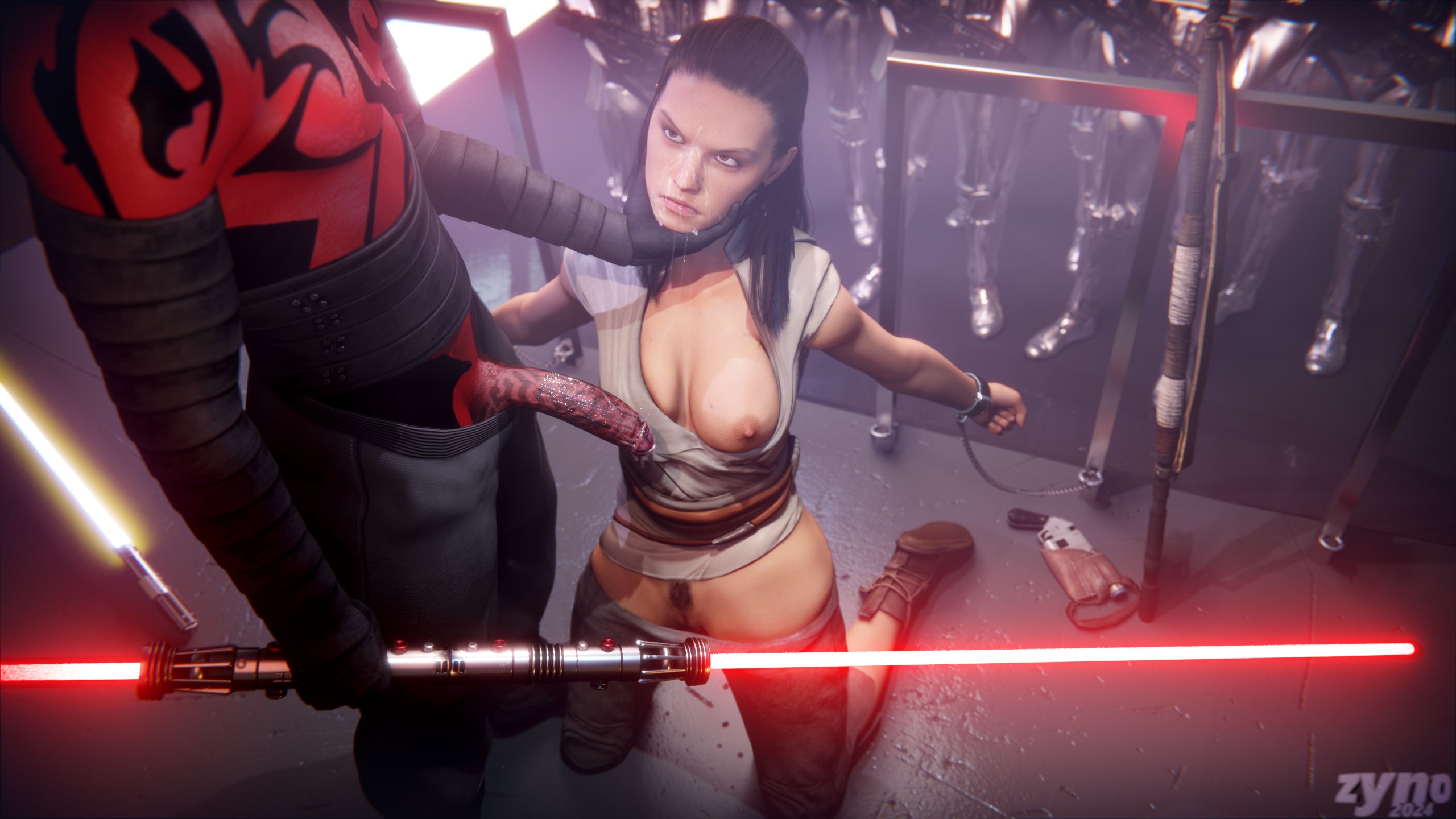 1boy, 1girls, 3d, after fellatio, after oral, after sex, alien, angry, bondage, breasts, breasts out, brown eyes, brown hair, captured, captured heroine, cum, cum on face, daisy ridley, darth maul, defeated, defeated heroine, disarmed, dual-bladed lightsaber, erection, facial, female, femsub, handcuffed to pole, handcuffs, heroine, heroine sub, holding chin, holding face, human, implied oral, kneeling, light skin, light-skinned female, lightsaber, male, maledom, nipples, pants, pants down, partially clothed, penis, penis out, pubic hair, pussy, red lightsaber, red skin, rey, saliva, saliva string, saliva trail, shoes, star wars, tattoo, trimmed pubic hair, unseen male face, villain, villain dom, villain on hero, villain on heroine, yellow lightsaber, zabrak, zynotheum