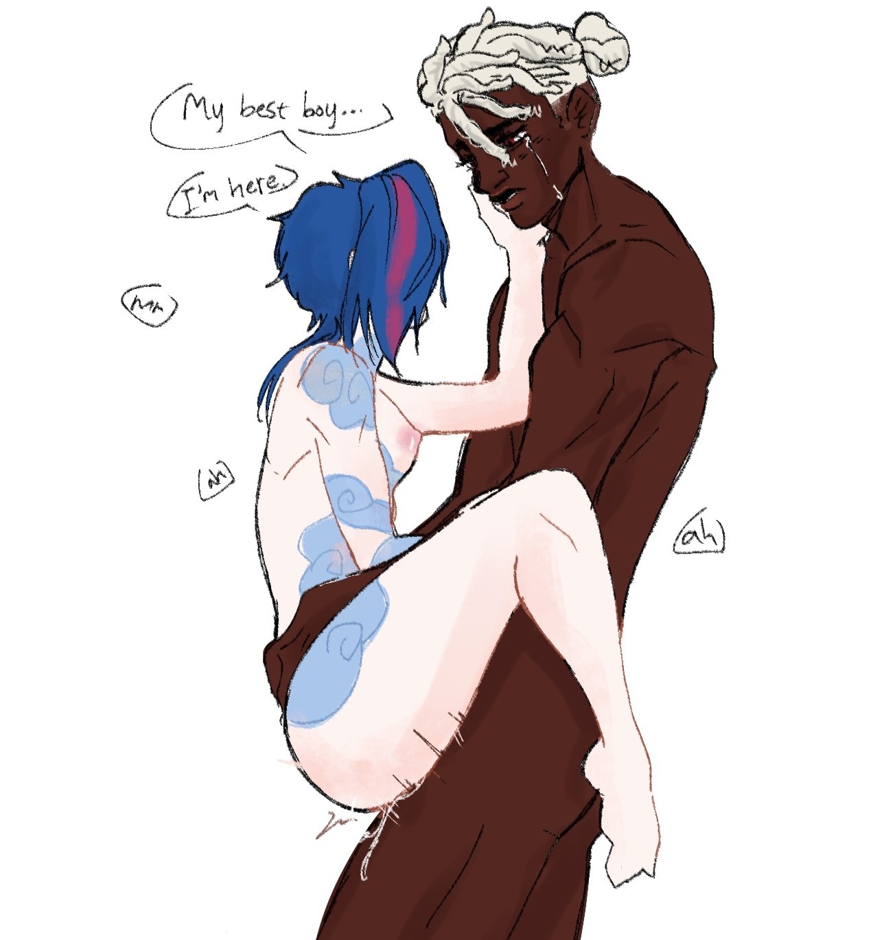 1boy, 1boy1girl, 2d, arcane, arcane jinx, blue hair, color, crying, cupping cheek, dark skin, dark-skinned male, dialogue, dreadlocks, ekko, ekko (league of legends), english text, female, gentle, interracial, jinx (arcane), jinx (league of legends), league of legends, light skin, light-skinned female, male penetrating, male penetrating female, short hair, stand and carry position, tattoo, tattoos, timebomb, wholesome, zaunzroyalty