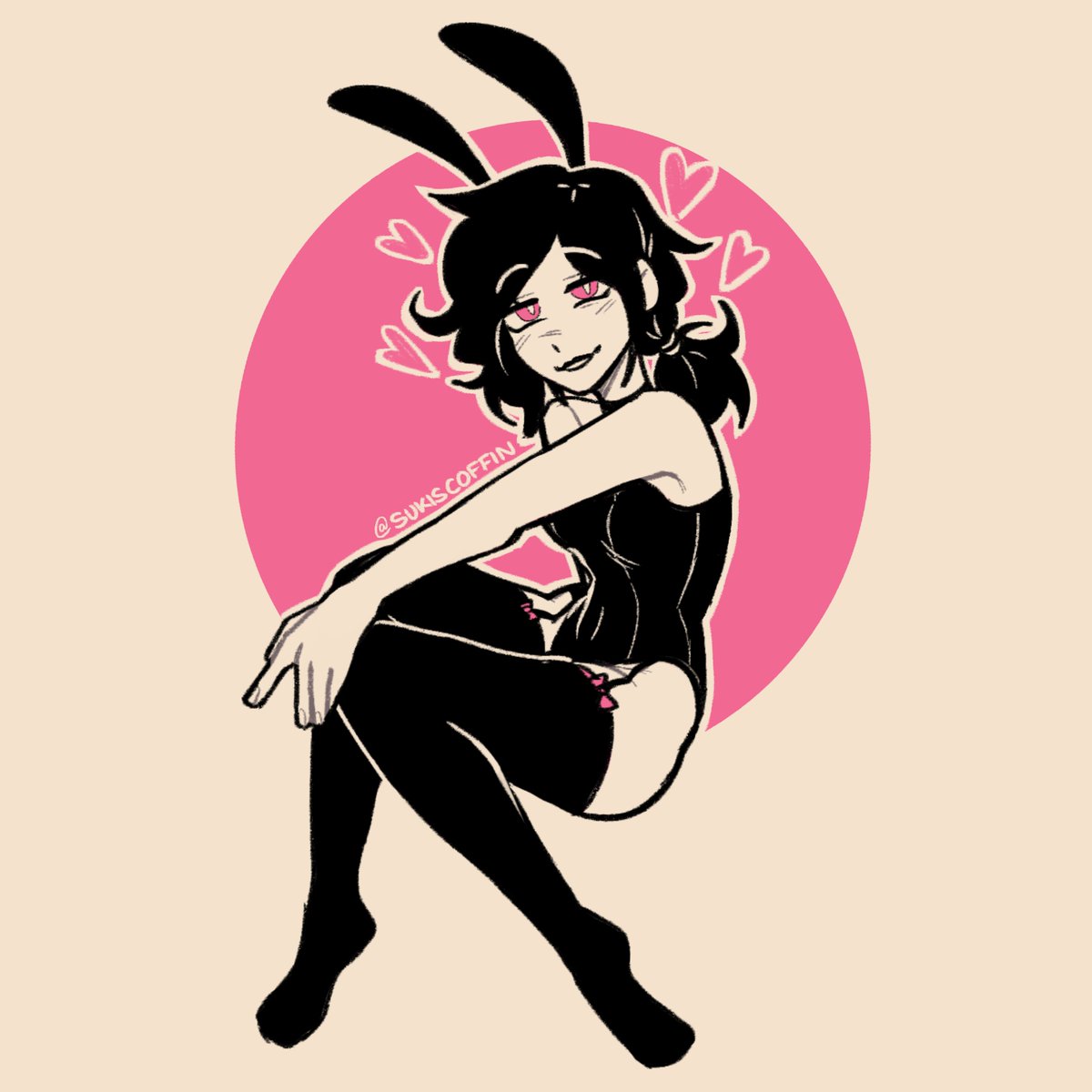 1girls, 2d, ashley graves, black hair, bunny ears, bunnysuit, female, female only, lingerie, looking at viewer, pink eyes, ponytail, pose, solo, solo female, stockings, sukiscoffin, the coffin of andy and leyley