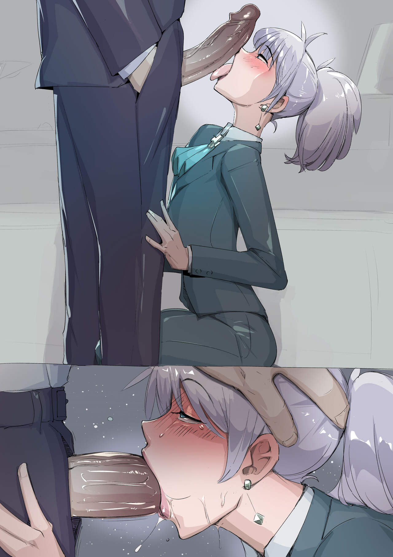blowjob, blue eyes, cock gobble, cock hungry, cock worship, deepthroat, empty eyes, fellatio, femboy, grey hair, grey wig, hunter x hunter, irrumatio, kirsi engine, kirushi, kurapika, light skin, light-skinned femboy, light-skinned male, penis, wig, yaoi