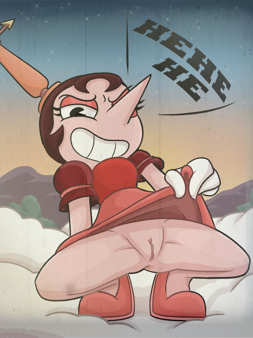1girls, 2025, 2d, 2d (artwork), 2d artwork, bean smile, brown hair, clothed, clothed female, cloud, cuphead (game), dialog, dialogue, digital art, digital drawing (artwork), digital media (artwork), dress, dress lift, female, flashing, flashing pussy, hilda berg, human, humanoid, looking at viewer, pac-man eyes, pie cut eyes, pink skin, skirt, skirt lift, smile, solo, tagme, teeth, text, toony, toony face, weirdkoaladream