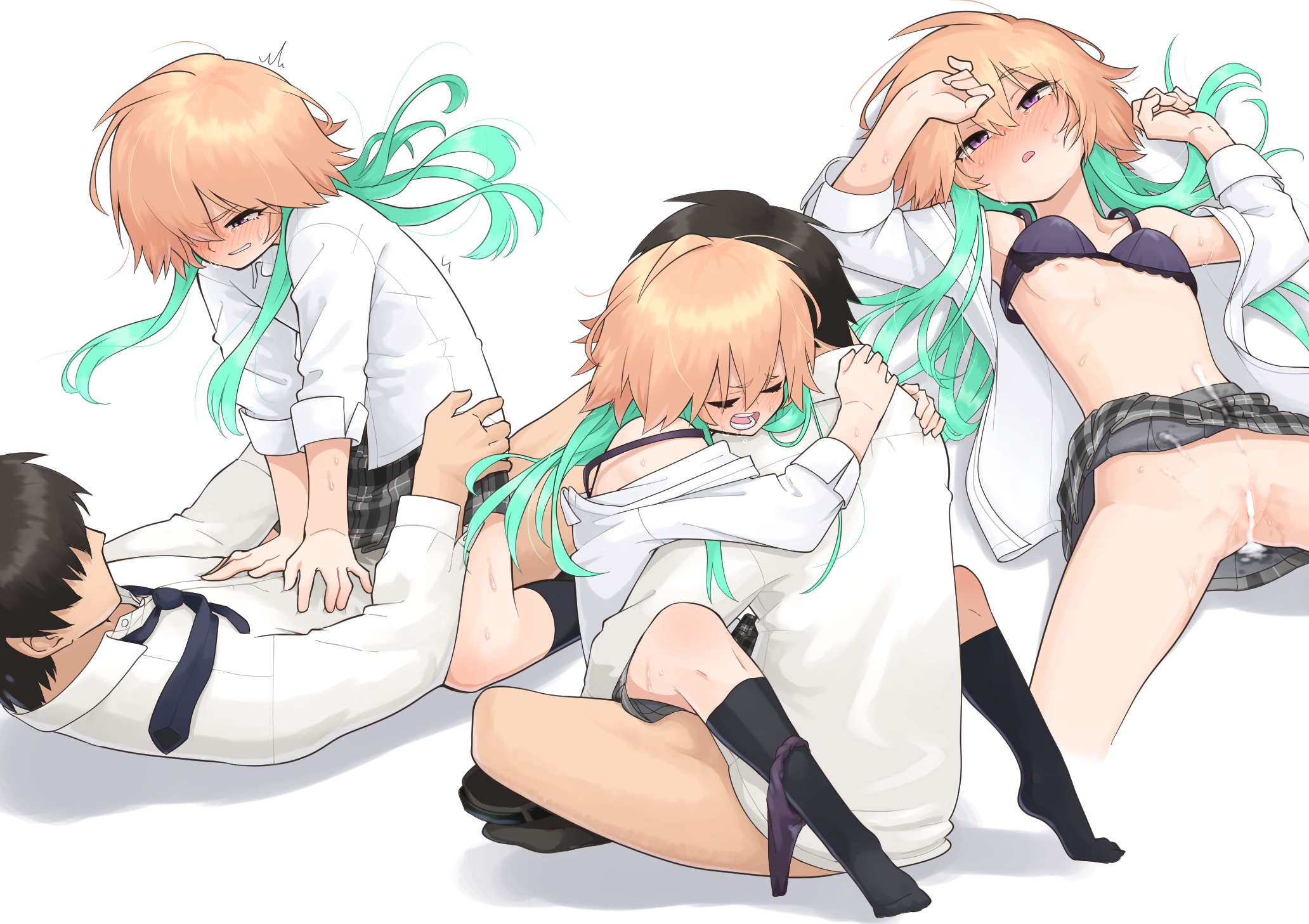 1boy, after sex, blonde hair, bra, censored, closed eyes, cowgirl position, cum, cum in pussy, female, flat chest, idolmaster, idolmaster cinderella girls, lying, male, multicolored hair, ninomiya asuka, nipples, no panties, on back, open mouth, panties around leg, producer (idolmaster), pussy, sex, sidelocks, simple background, straddling, underwear, upright straddle, vaginal penetration, white background, yasei no kahanshin