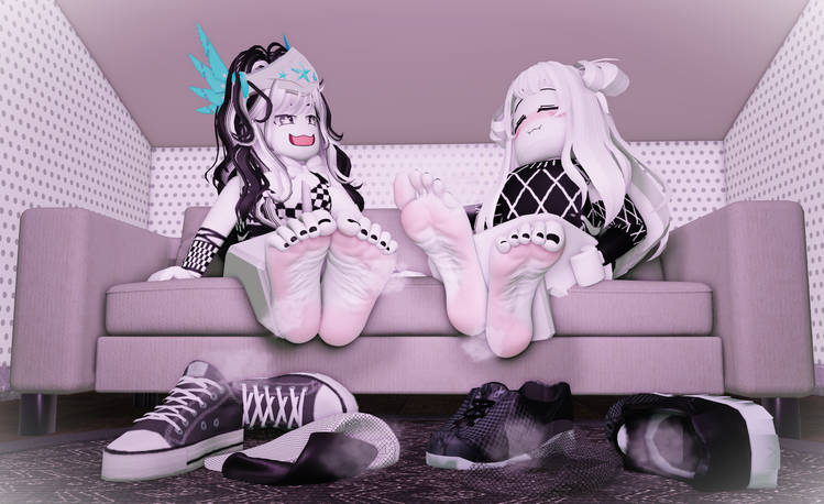 2girls, 3d, 3d (artwork), black nose, black socks, black toenails, deviantart, deviantart link, duo, feet, foot fetish, foot tease, happy female, looking at another, musky feet, nail polish, roblox, roblox avatar, robloxian, rodogs, scrunched toes, shoes, shoes removed, sitting on sofa, socks removed, sofa, soles, white hair