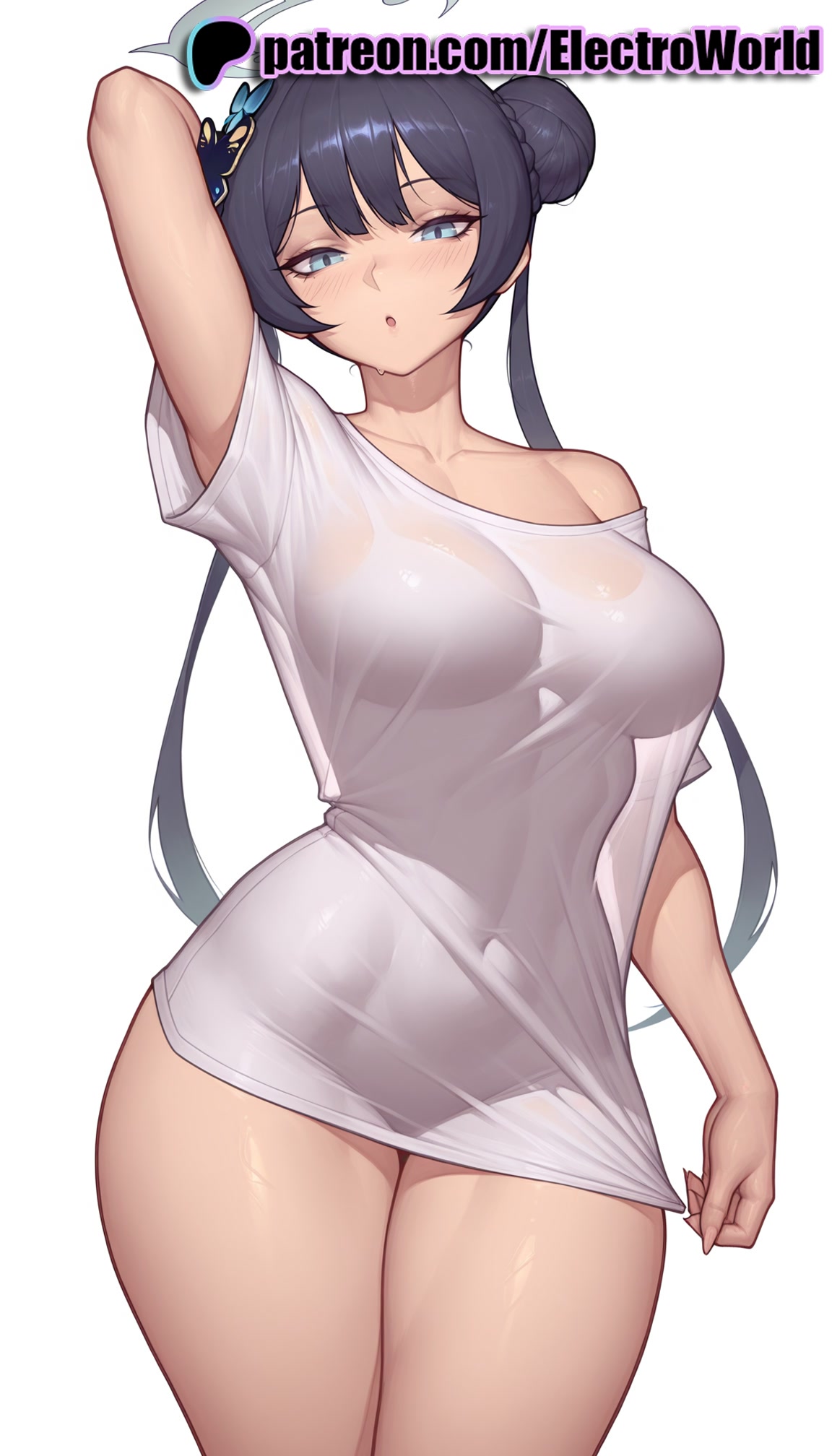 1girls, 2025, ai generated, artist name, black hair, blue archive, blue eyes, blush, breasts, bust, chest, double bun, electroworld, female, hi res, high quality, high resolution, highres, kisaki (blue archive), long hair, patreon, patreon username, see-through, shirt, simple background, solo, stable diffusion, thick thighs, thighs, watermark, wet, wet clothes, wet shirt
