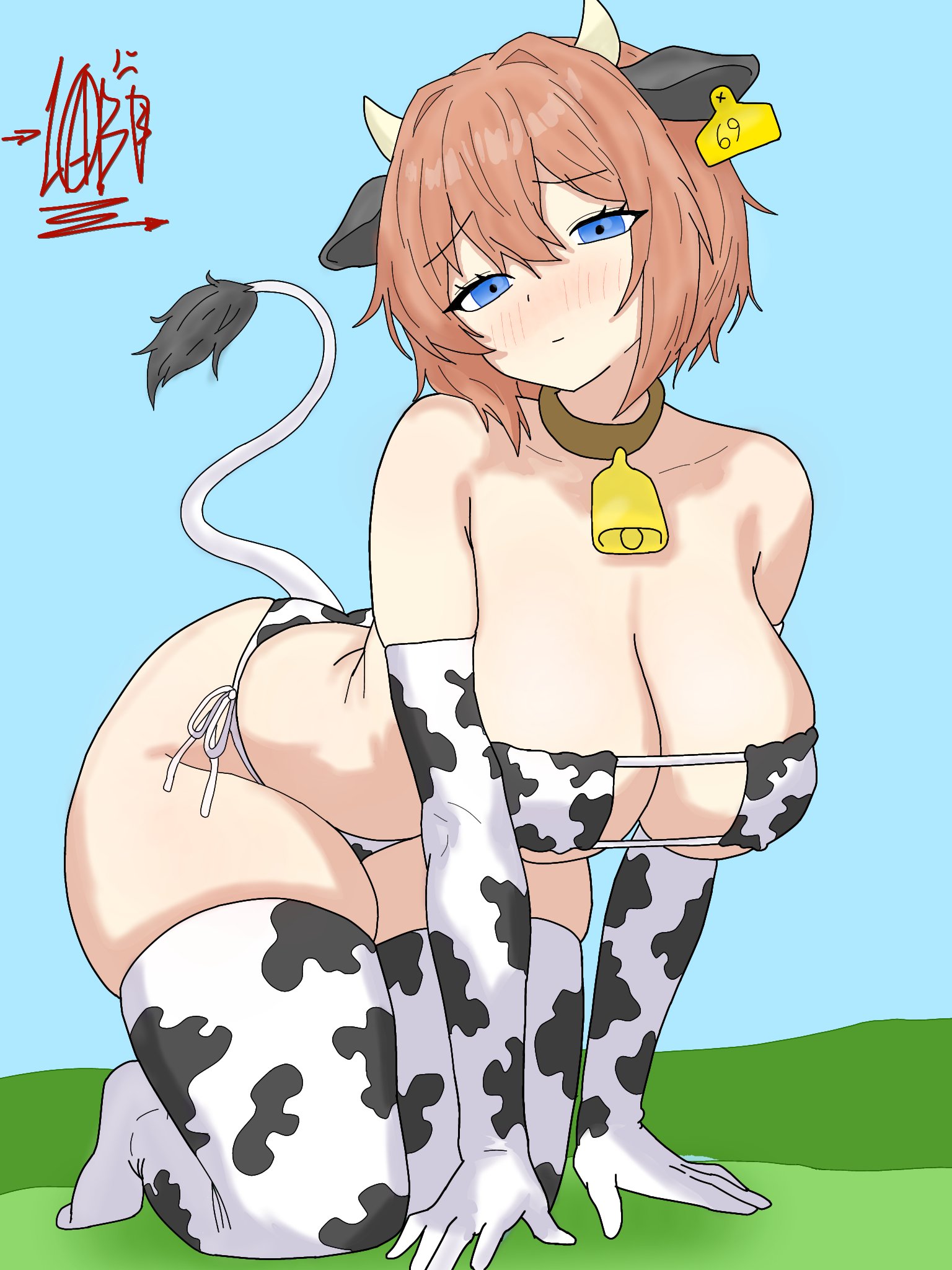 1girls, artist logo, bikini, blue eyes, blush, breasts, brown hair, cleavage, collar, cow bell, cow bell collar, cow print, cow print bikini, cow print elbow gloves, cow print gloves, cow print thighhighs, cowbell, cowbell collar, doki doki literature club, drawlab33t, elbow gloves, fake horns, female, gloves, large breasts, long gloves, looking at viewer, sayori (doki doki literature club), short hair, side-tie bikini, solo, solo female, solo focus, tail, thick thighs, thighhighs, thighs