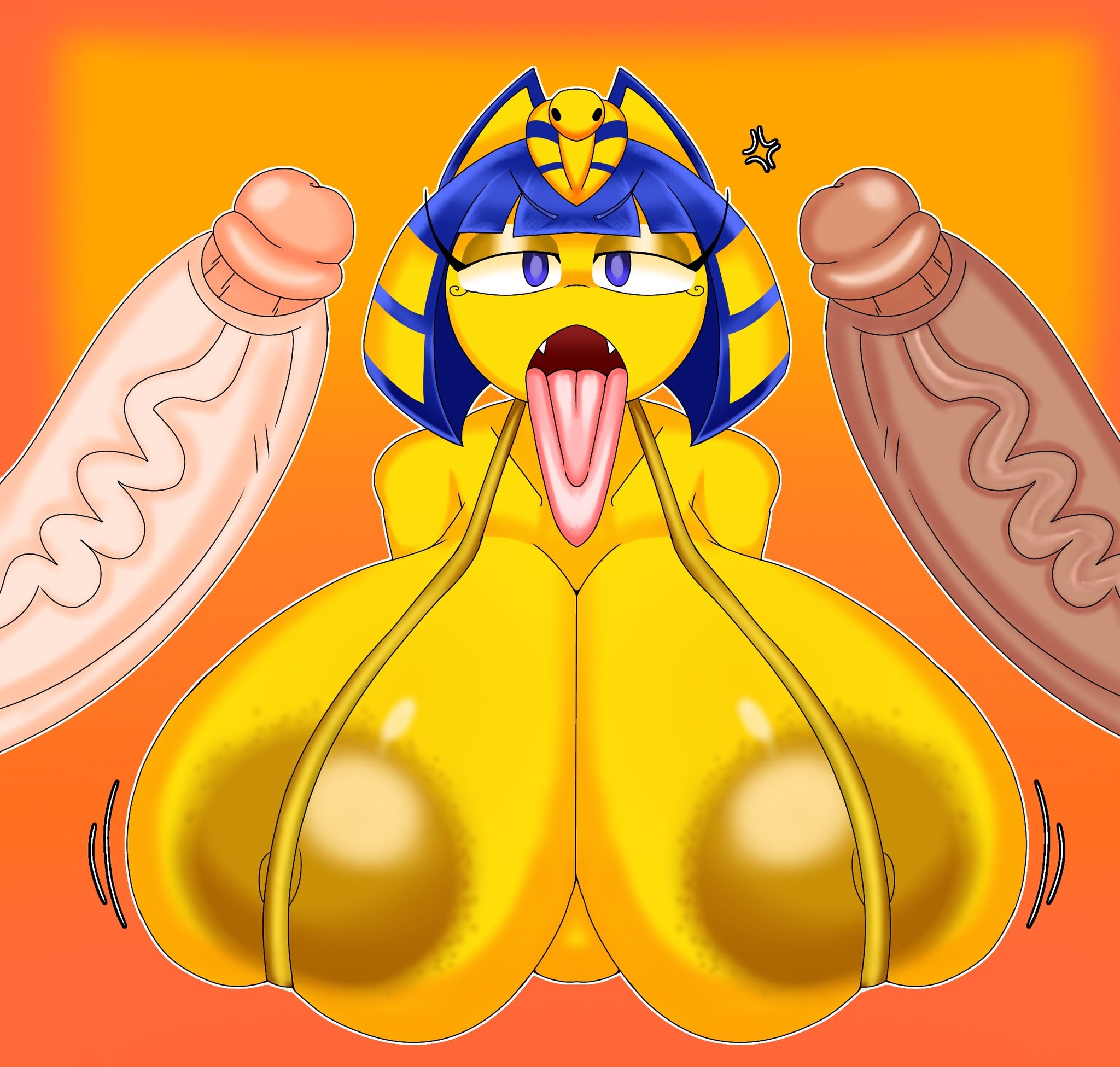 animal crossing, ankha, ankha (animal crossing), anthro, big breasts, big penis, bikini, blue eyes, blue hair, breasts, clothing, domestic cat, felid, feline, felis, female, genitals, group, hair, hi res, huge breasts, huge cock, lokbunny17, male, mammal, nintendo, penis, swimwear, tongue, tongue out, trio, two-piece swimsuit, yellow body