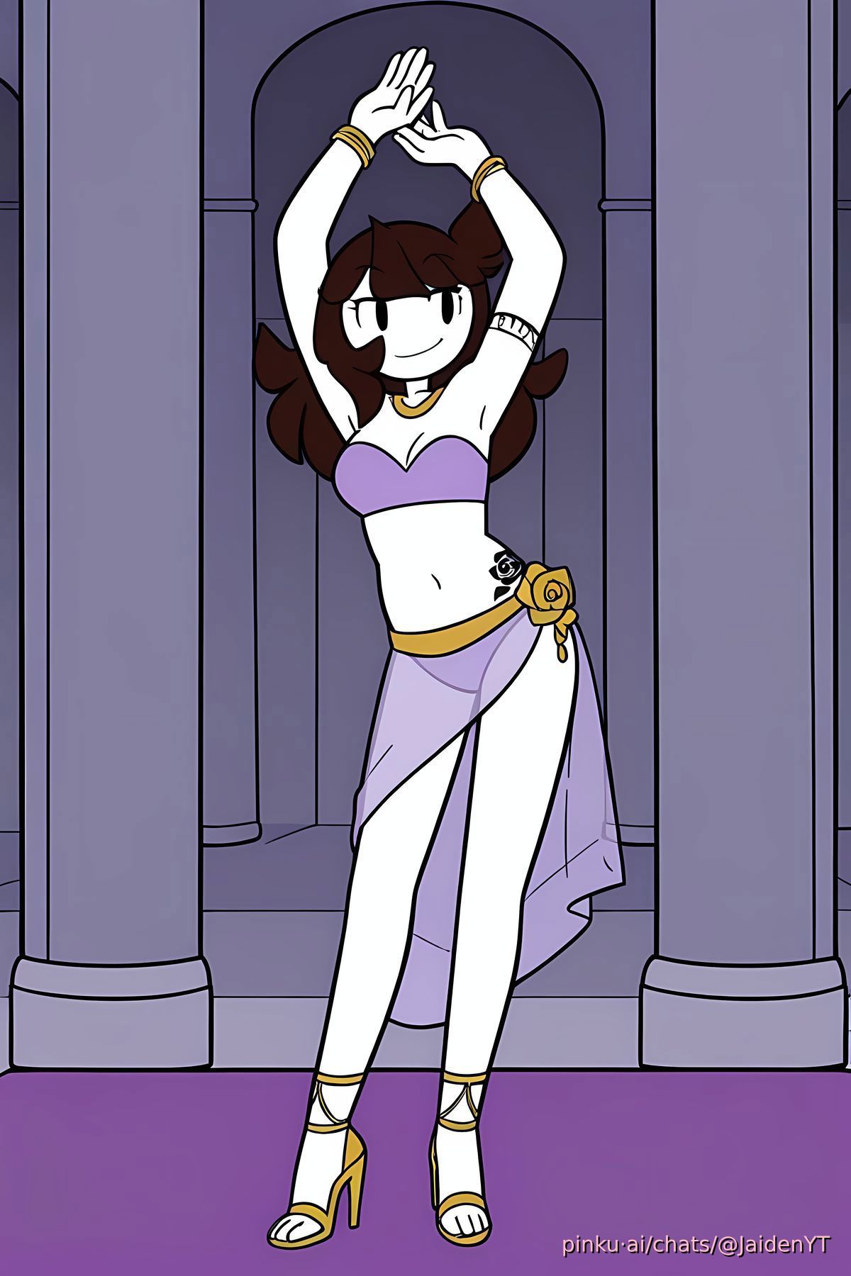 ai generated, belly dance, belly dancer, belly dancer outfit, belly dancing, bra, bracelet, bracelets, brown hair, exposed thighs, female, gold jewelry, harem girl, harem outfit, high heels, jaiden, jaiden animations, jaiden dittfach, long hair, panties, pelvic curtain, pinku.ai, purple outfit, rose tattoo, seductive look, seductive smile, tagme, tattoo, tattoos, tube top, youtube, youtuber