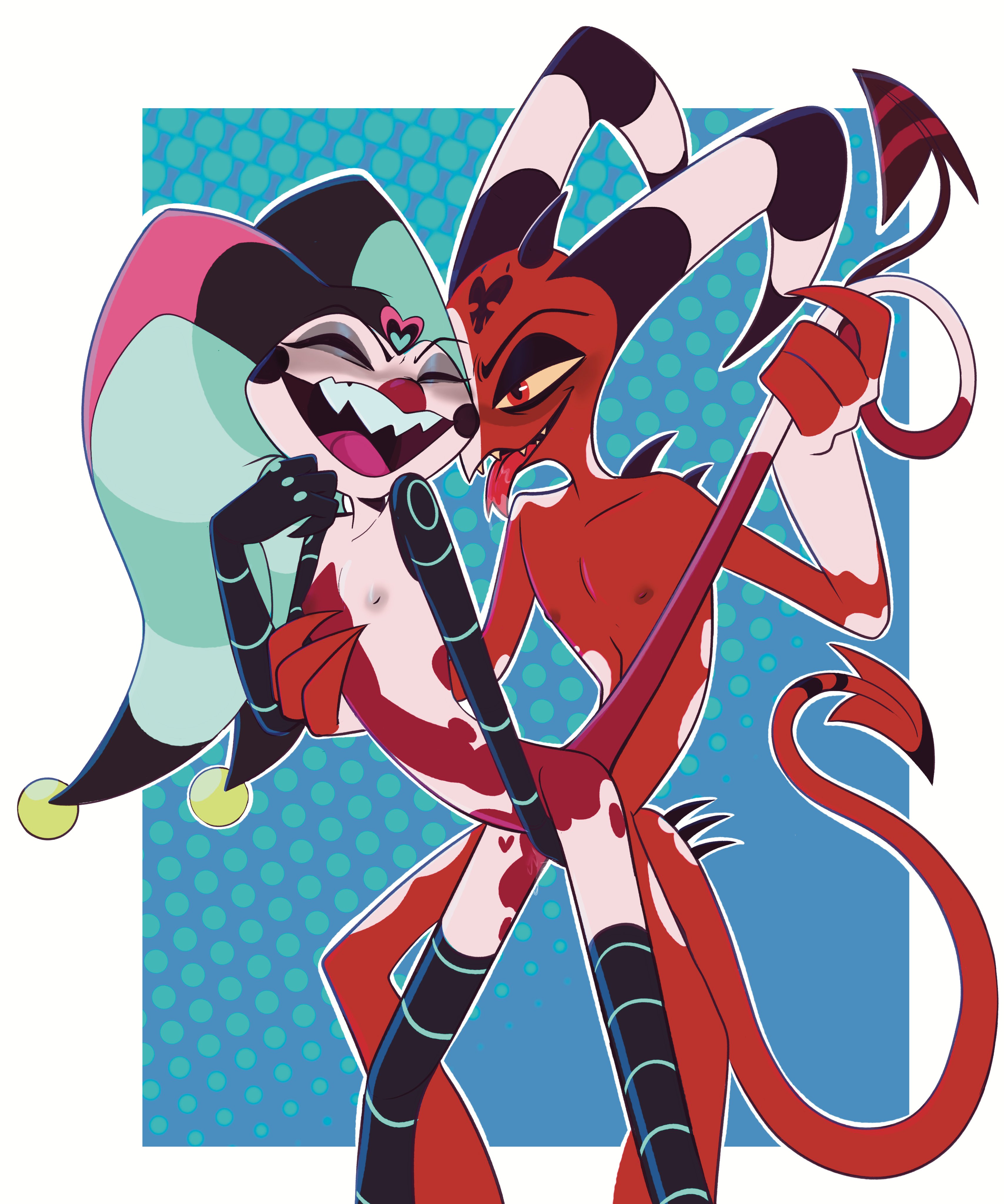 blitzo (helluva boss), crustbugs, fizzarolli (helluva boss), friends with benefits, hand on chest, helluva boss, imp, insects, nipples, no visible genitalia, skinny male, sticking out tongue, sticking tongue out, tail pull