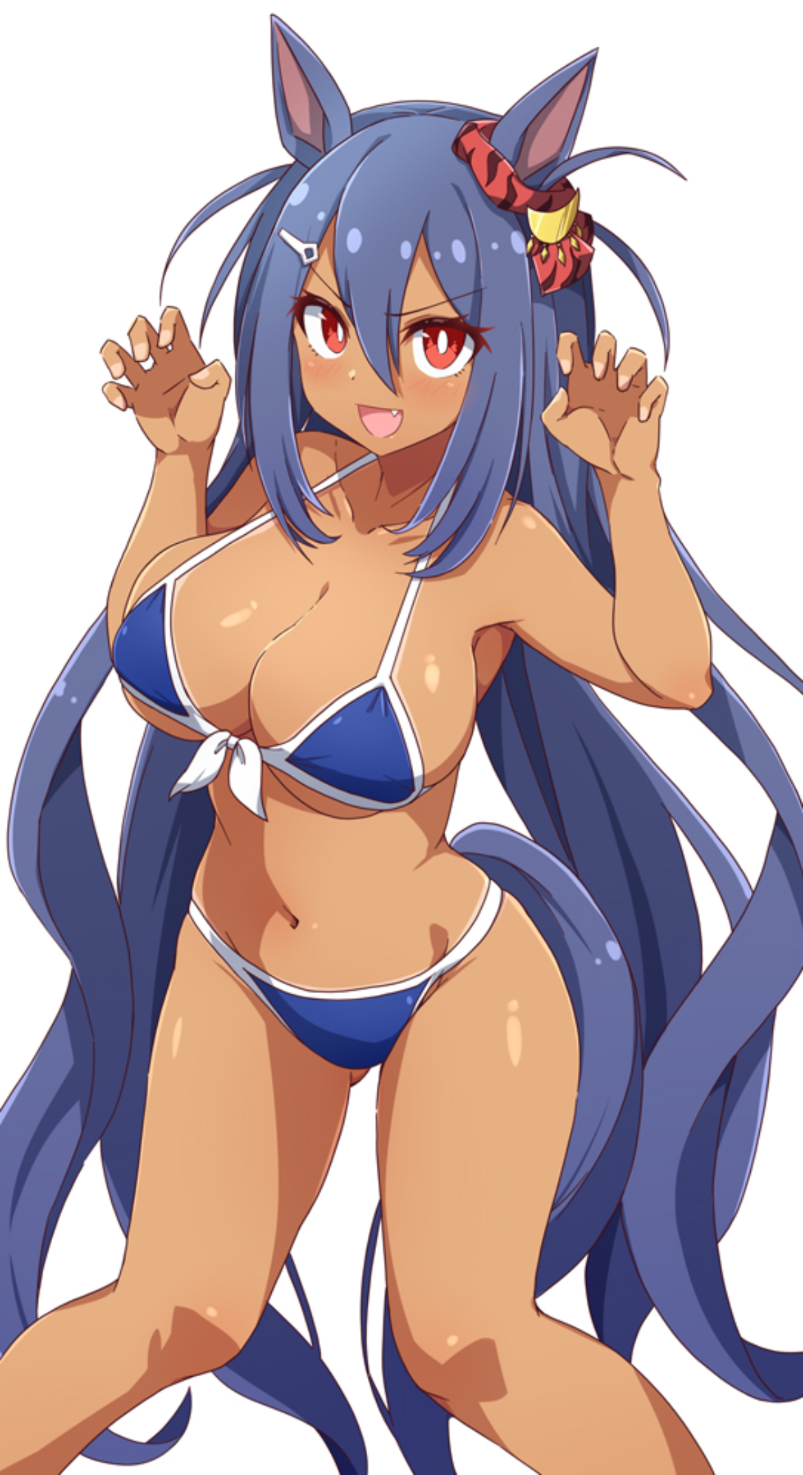 >:d, armpit peek, ass visible through thighs, barely contained breasts, belly, belly button, big breasts, big thighs, bikini, bikini only, blue hair, breasts, brown, brown body, brown female, brown skin, brown skinned female, cleavage, cleavage overflow, curvy, curvy body, curvy female, curvy figure, curvy hips, curvy thighs, cute, cute expression, cute face, cute female, female, female only, girl, hips, hiro akaribon, hishi amazon (umamusume), horse, horse ears, horse girl, horse tail, legs, legs apart, looking at viewer, nice body, nice tits, open mouth, plump breasts, plump thighs, posing for the viewer, red eyes, revealing, revealing breasts, revealing clothes, sexy, sexy body, sexy female, sexy pose, sideboob, skimpy, skimpy bikini, slim waist, solo, solo female, staring at viewer, swimsuit, tan body, tan female, tan skin, tan skinned female, thick thighs, thighs, tiny waist, tummy, umamusume, umamusume pretty derby, v line, waist, white background
