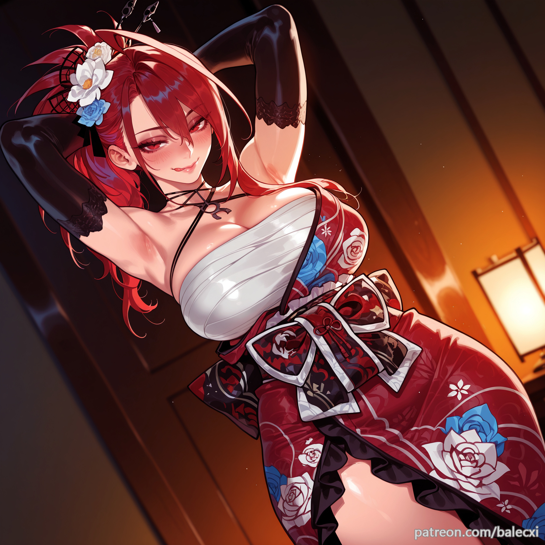 1girls, ai generated, armpits, arms behind head, arms up, balecxi, black gloves, blush, breasts, chest sarashi, cleavage, elbow gloves, elizabeth rose bloodflame, female, floral print, hair flower, hair ornament, hololive, hololive english, hololive english -justice-, japanese clothes, kimono, large breasts, looking at viewer, red eyes, red hair, solo, virtual youtuber