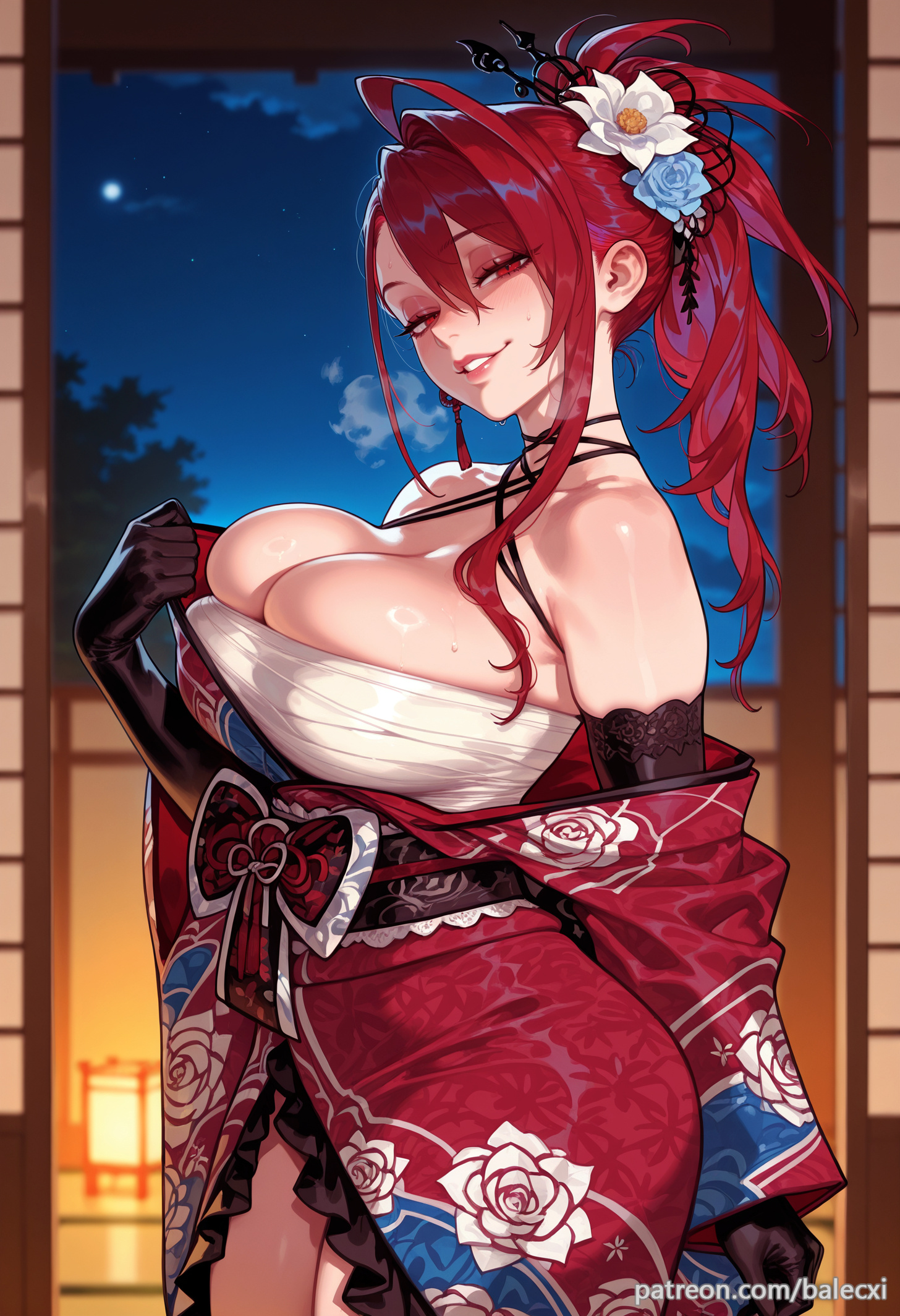 1girls, ai generated, balecxi, bare shoulders, black gloves, breasts, chest sarashi, cleavage, elbow gloves, elizabeth rose bloodflame, female, hair flower, hair ornament, hololive, hololive english, hololive english -justice-, japanese clothes, kimono, large breasts, looking at viewer, night, ponytail, red eyes, red hair, smile, solo, sweat, virtual youtuber