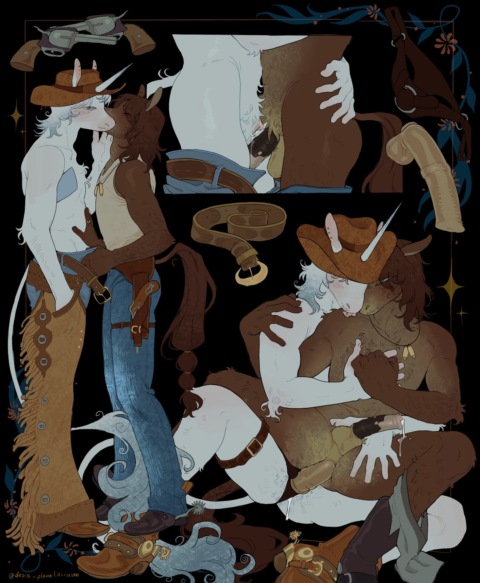 anthro horse, anthro penetrated, anthro unicorn, belt, binding, binding tape, cheek kiss, cowboy, cuntboy, cuntboy/male, desi goestoh3ll, horse penis, horsecock, horsecock on humanoid, jeans, original characters, shoulder kiss, shoulder lick, strap-on, unicorn