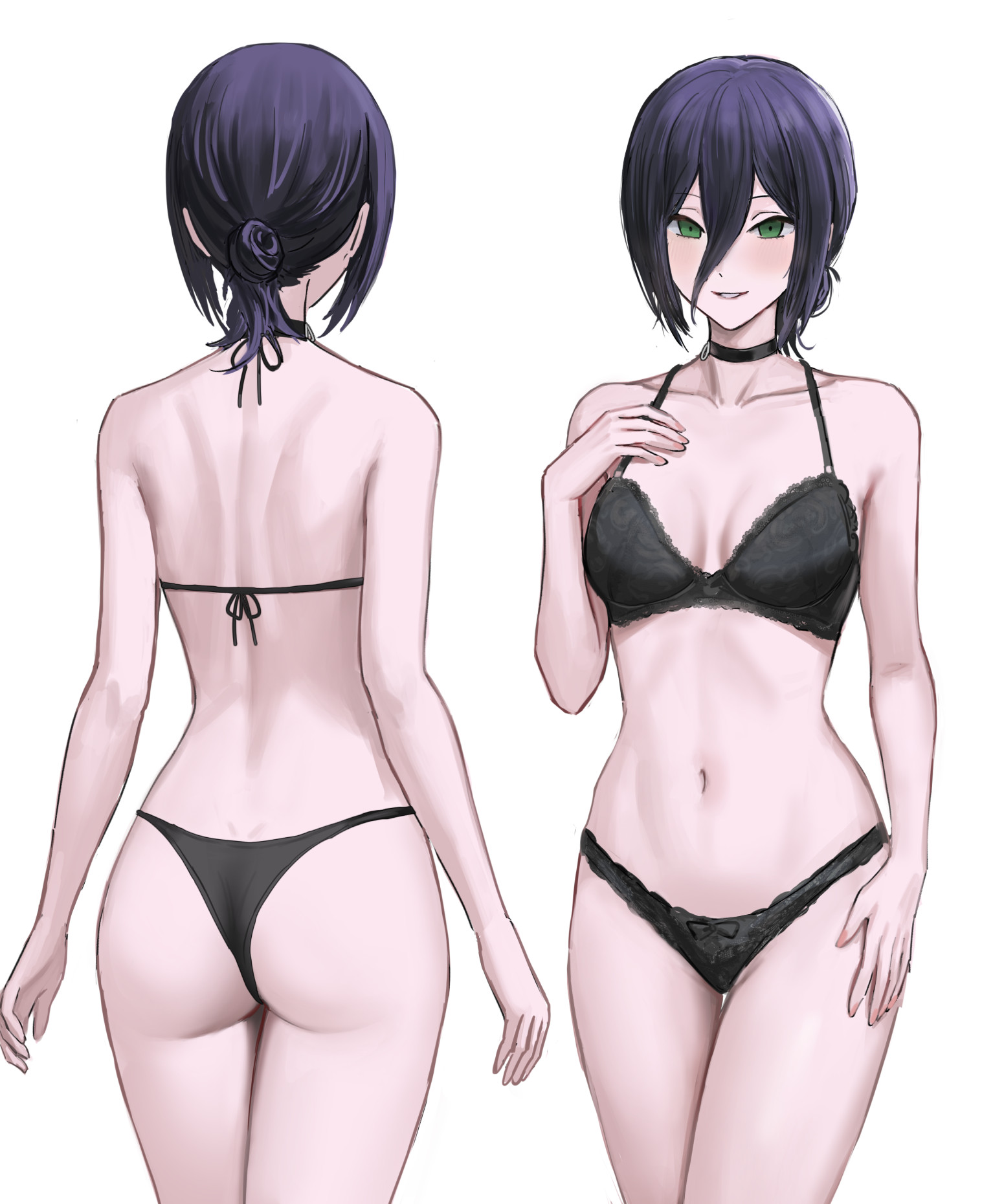 ass, black bra, black choker, black hair, black panties, bow, bow bra, bow panties, bra, breasts, chainsaw man, choker, collarbone, female, green eyes, hair between eyes, hair bun, halterneck, hand on own chest, hashtag-only commentary, highres, long hair between eyes, looking at viewer, medium breasts, multiple views, navel, panties, parted lips, reze (chainsaw man), short hair, single hair bun, skrillex li, string bra, thighs, underwear, underwear only